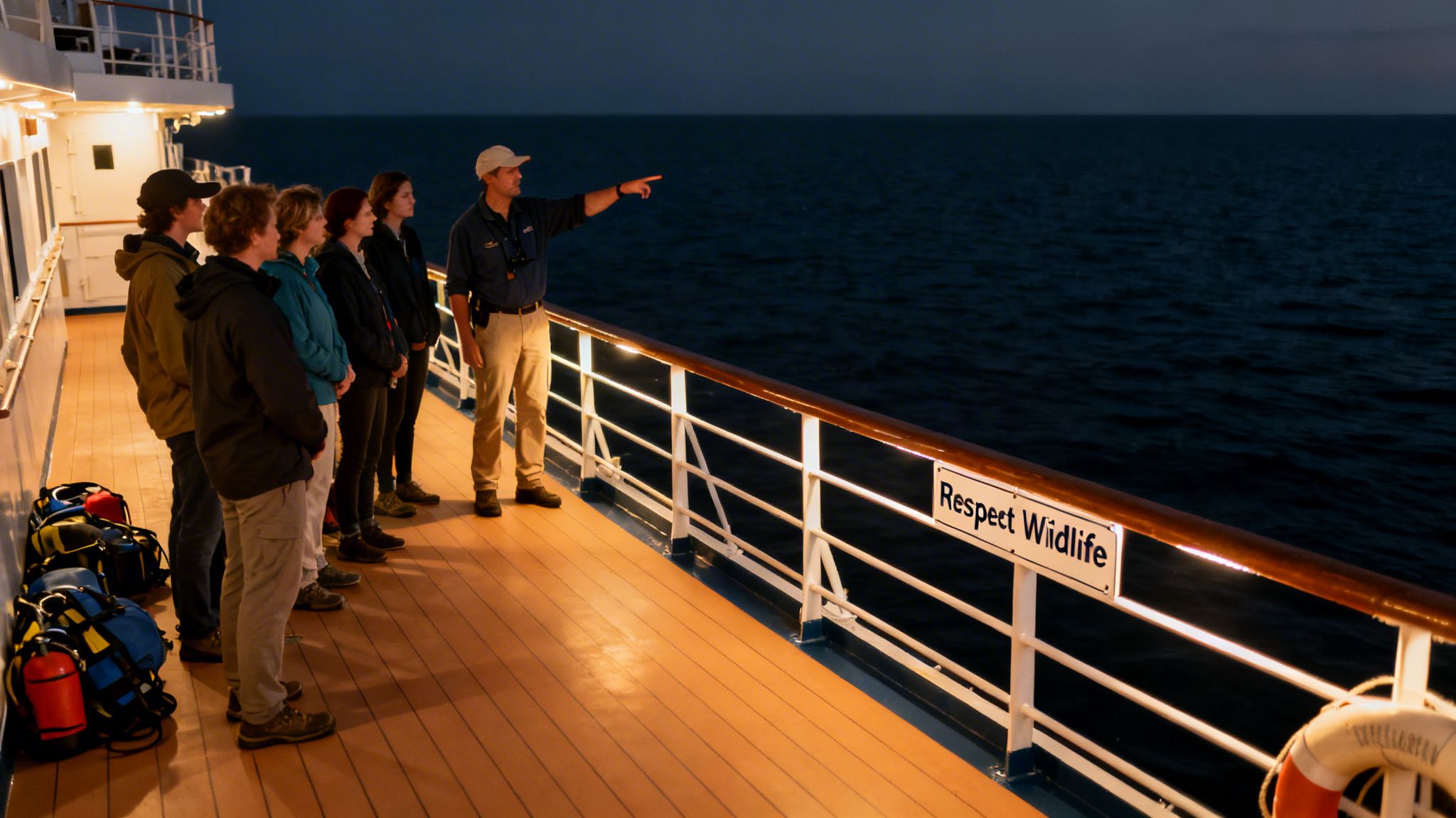A group on a ship deck at night, observing the ocean with a guide pointing into the distance.