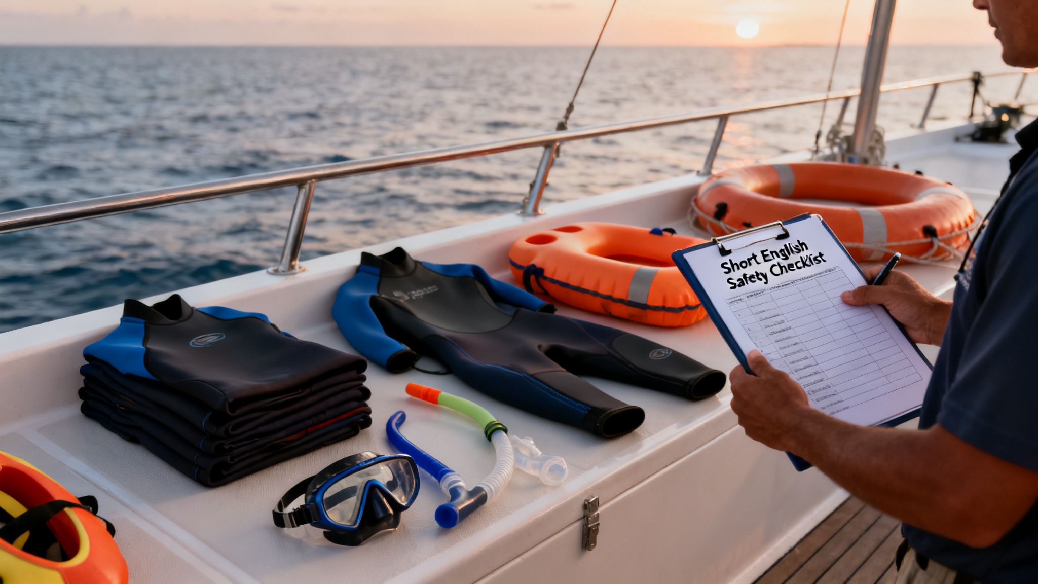A person holding a safety checklist with snorkeling equipment laid out on a boat at sunset.