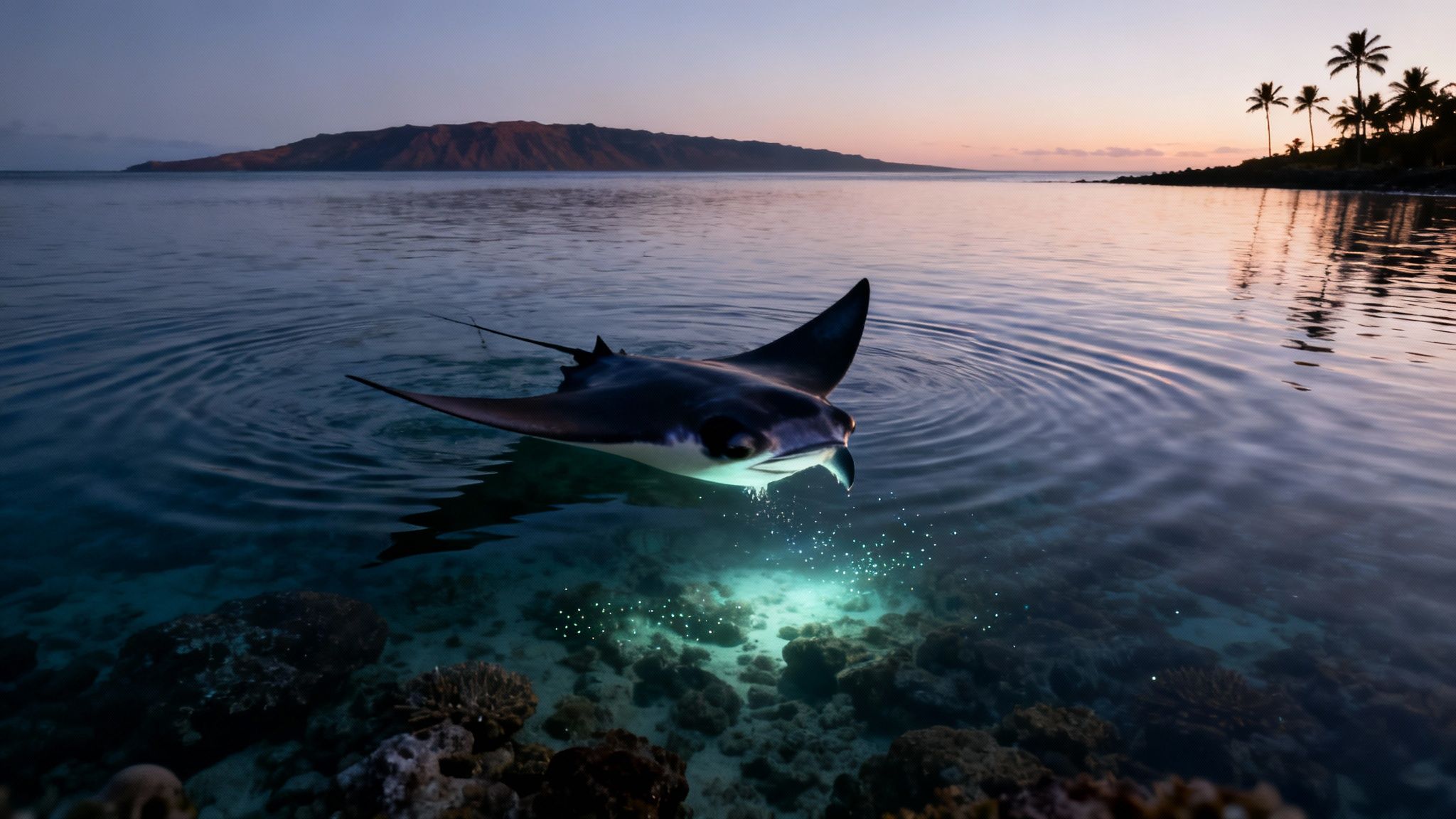 A majestic manta ray surfaces at twilight, illuminated by an underwater light in clear tropical waters.