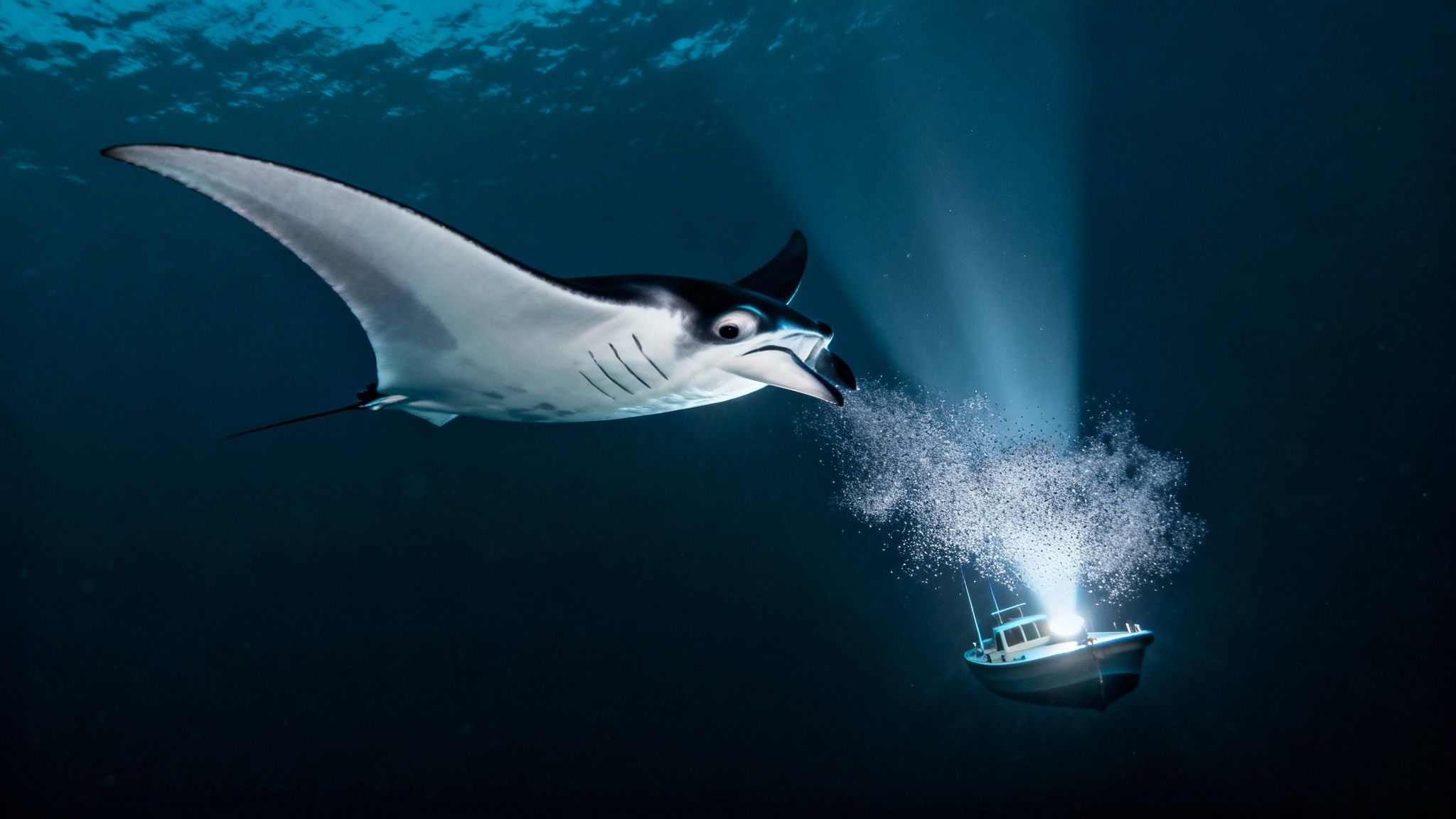 A majestic manta ray swims gracefully underwater, illuminated by a boat's bright light and bubbles.