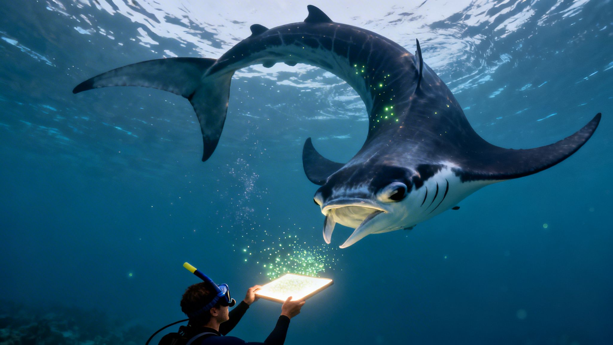 A diver presents a glowing tablet to a majestic manta ray in clear blue ocean waters.