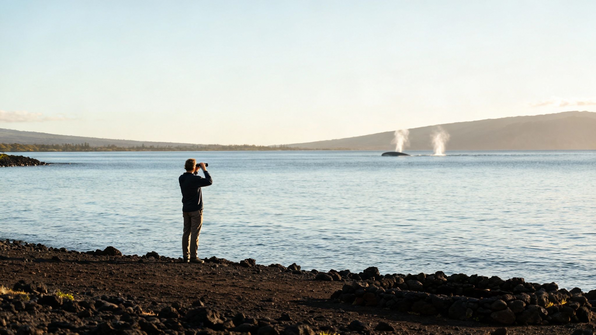 A man on a rocky shore watches two whales spouting water in the ocean through binoculars.