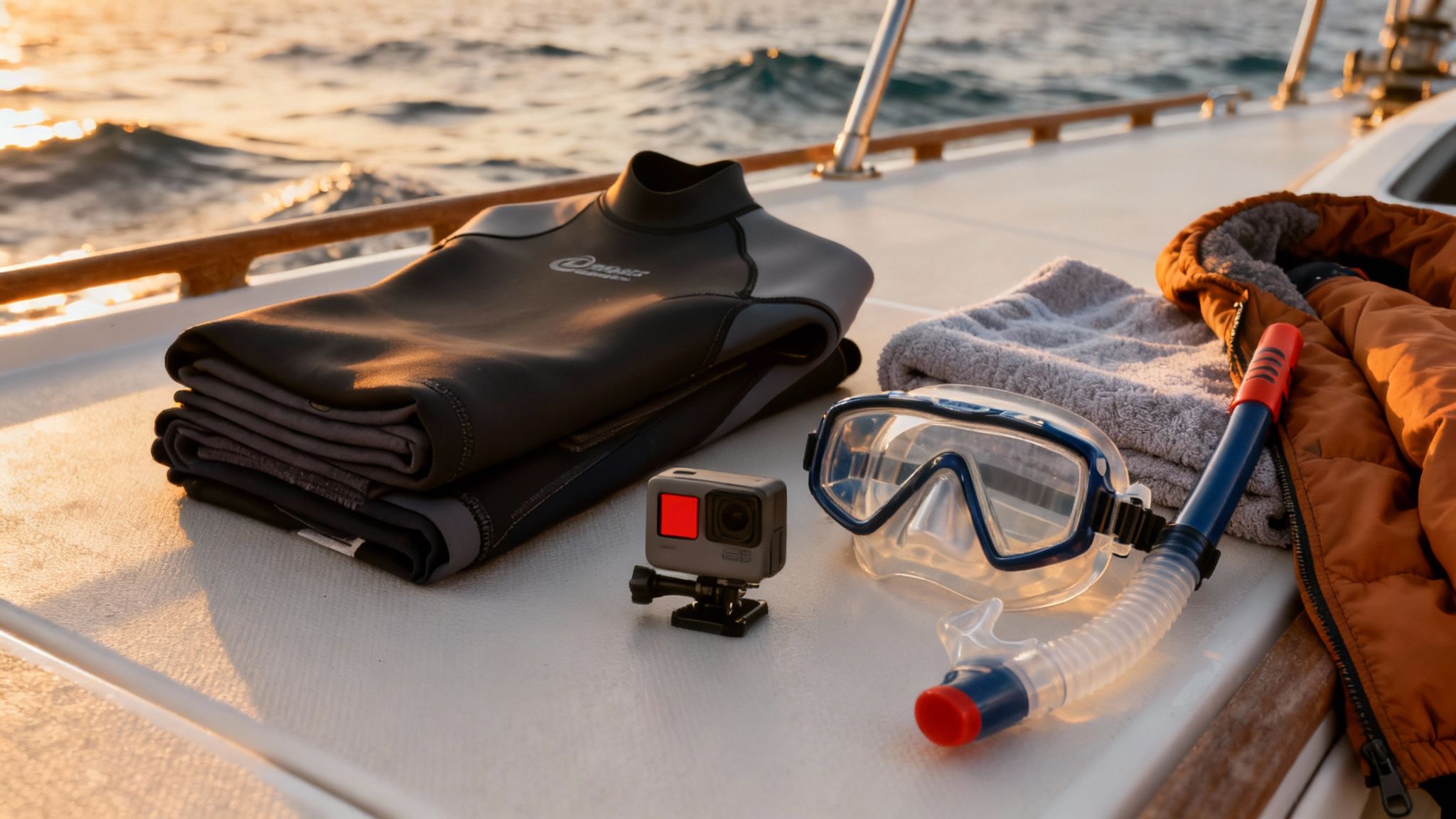 Snorkel gear including a wetsuit, GoPro camera, mask, and snorkel on a boat deck at sunset.