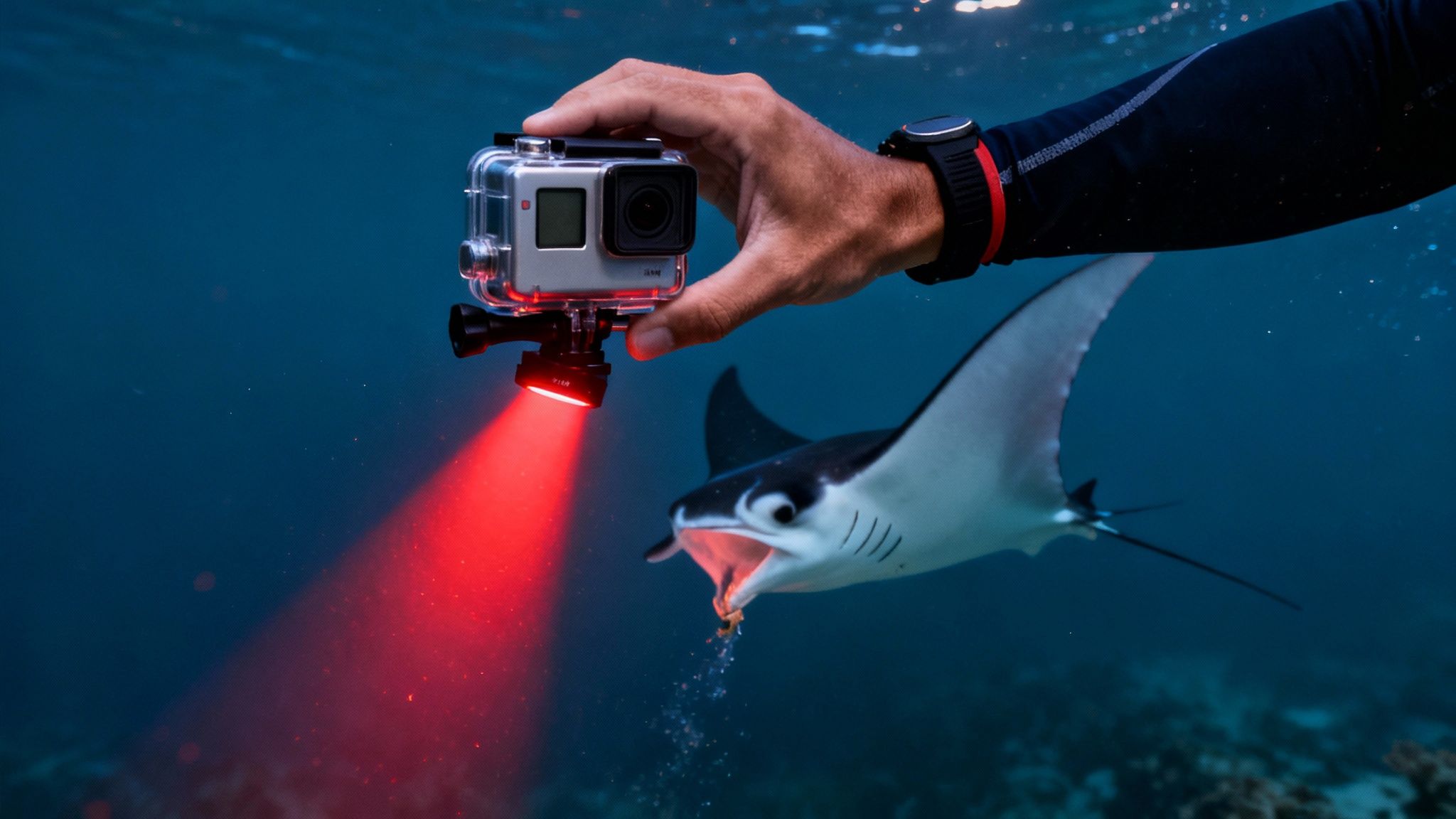 A person films an incredible manta ray feeding underwater with a GoPro and red light.