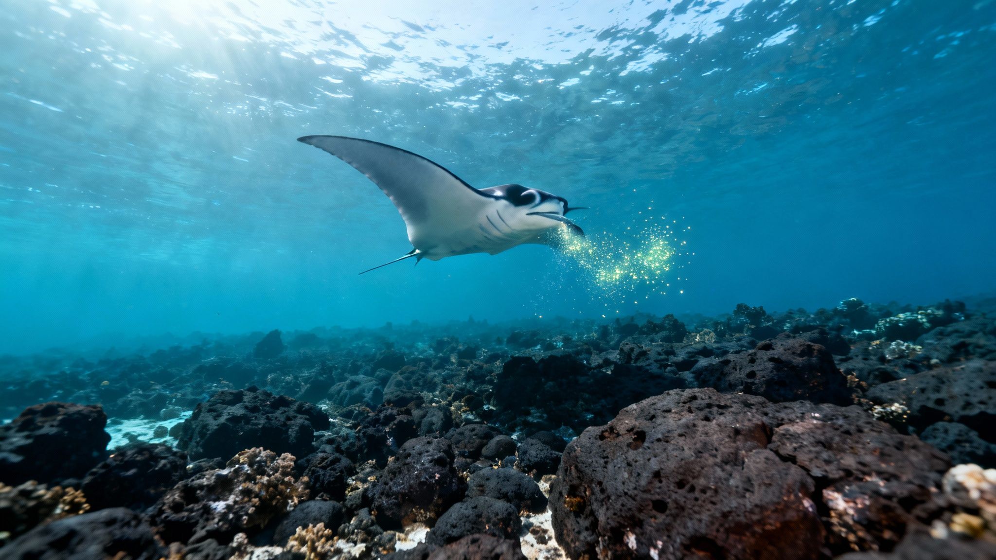 A large manta ray glides gracefully in the dark ocean waters of Kona.