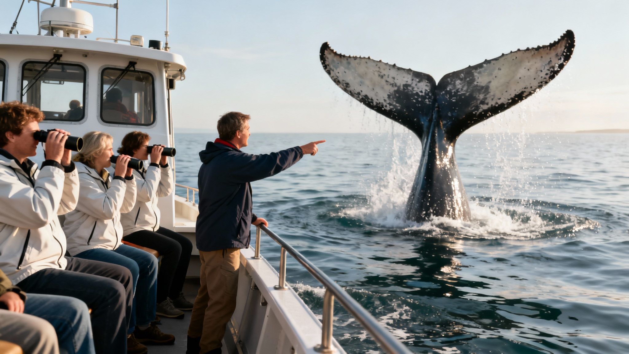 A group of people on a boat enjoying a whale watching tour, with a humpback whale's tail splashing.