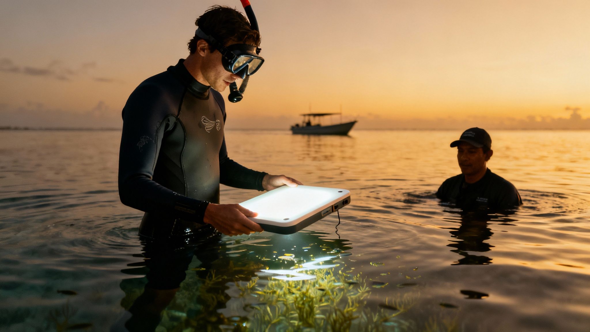 Marine biologist in wetsuit uses an underwater light to observe coral at sunset.