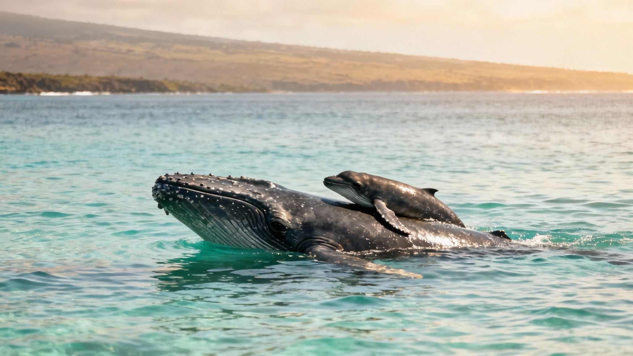 Humpback whale tail fluke rising out of the water with the Hawaiian coast in the background.