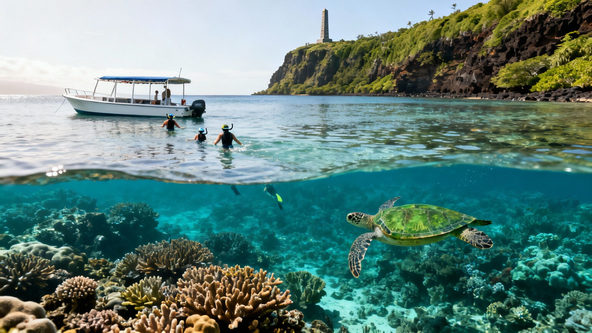 Over-under view of snorkelers, a boat, a sea turtle, coral reef, and a tropical island with a monument.