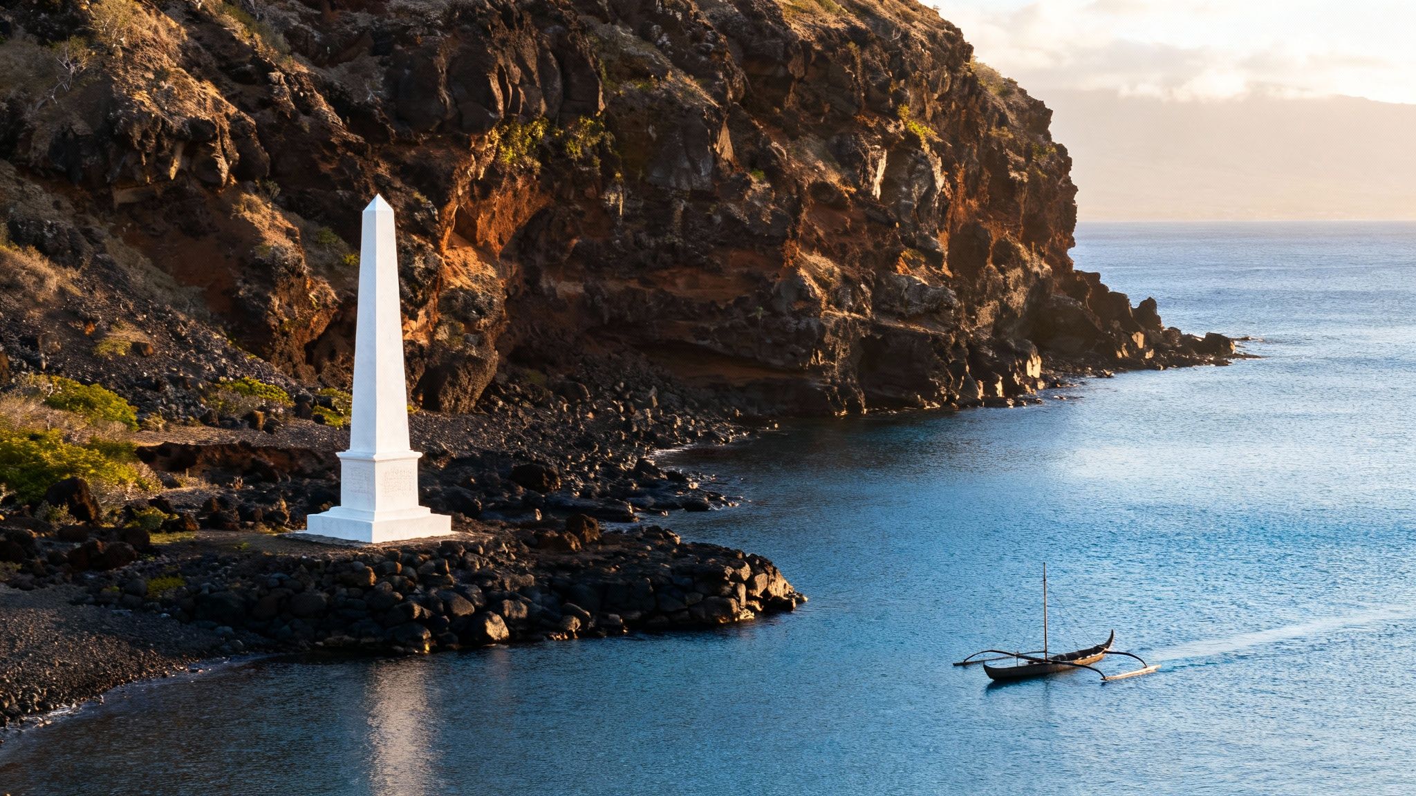 A white Captain Cook Monument obelisk stands on a rocky shore beside an outrigger canoe.