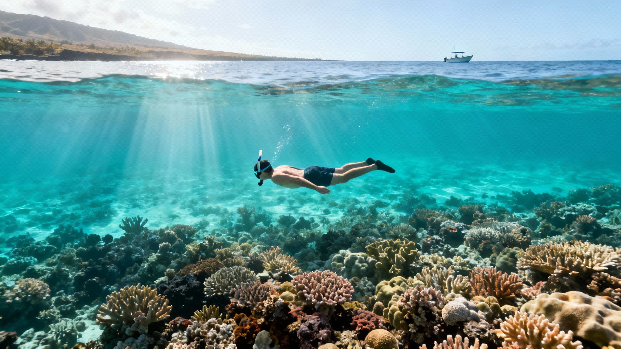 Man snorkeling over a colorful coral reef in clear blue tropical water with island and boat.