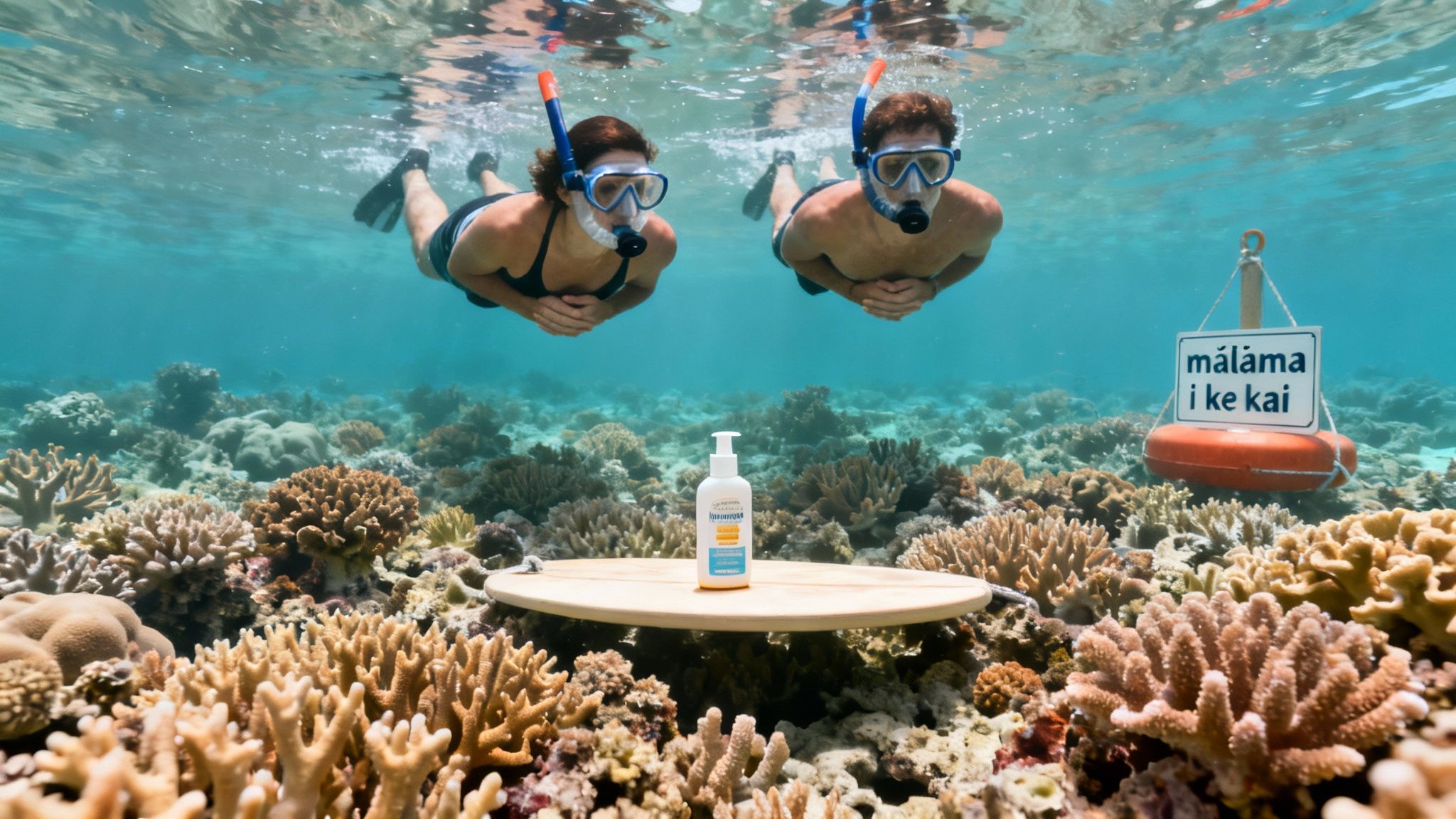 Two snorkelers swim above a vibrant coral reef, with sunscreen and a floating conservation sign.