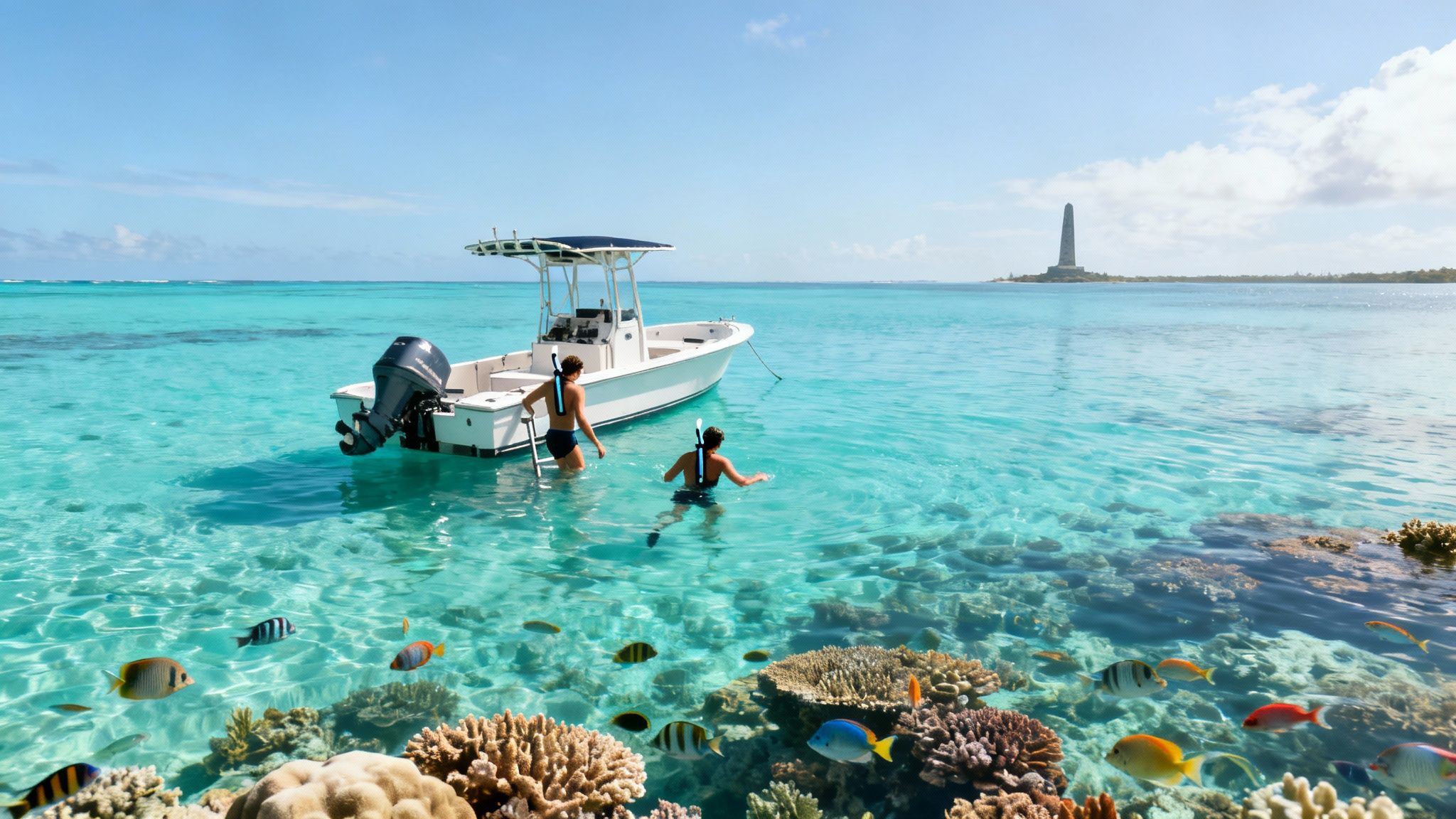 Two people snorkeling near a boat in clear tropical water with vibrant coral reefs and colorful fish.