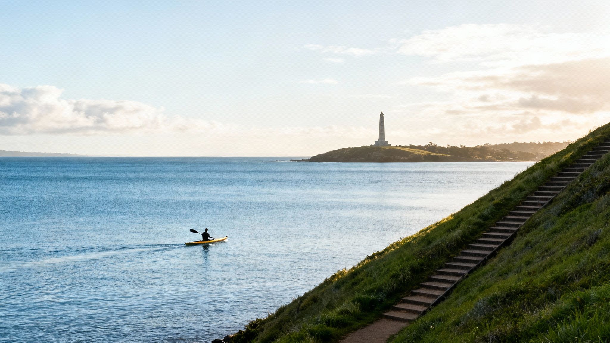 A kayaker paddles on blue water towards a distant lighthouse and a grassy hillside with steps.