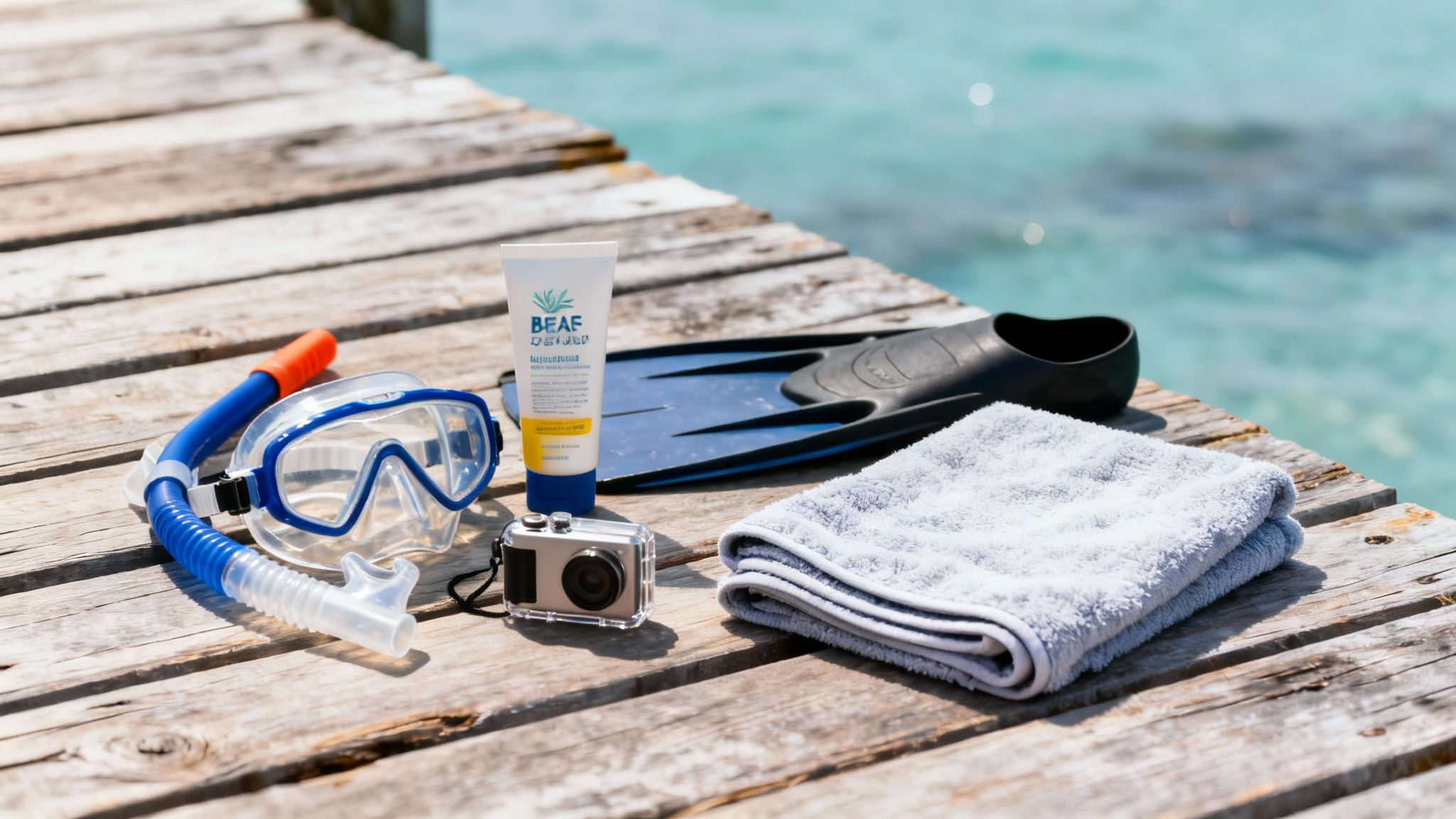 Snorkel mask, fins, sunscreen, and camera on a wooden pier by turquoise water, ready for a tropical adventure.
