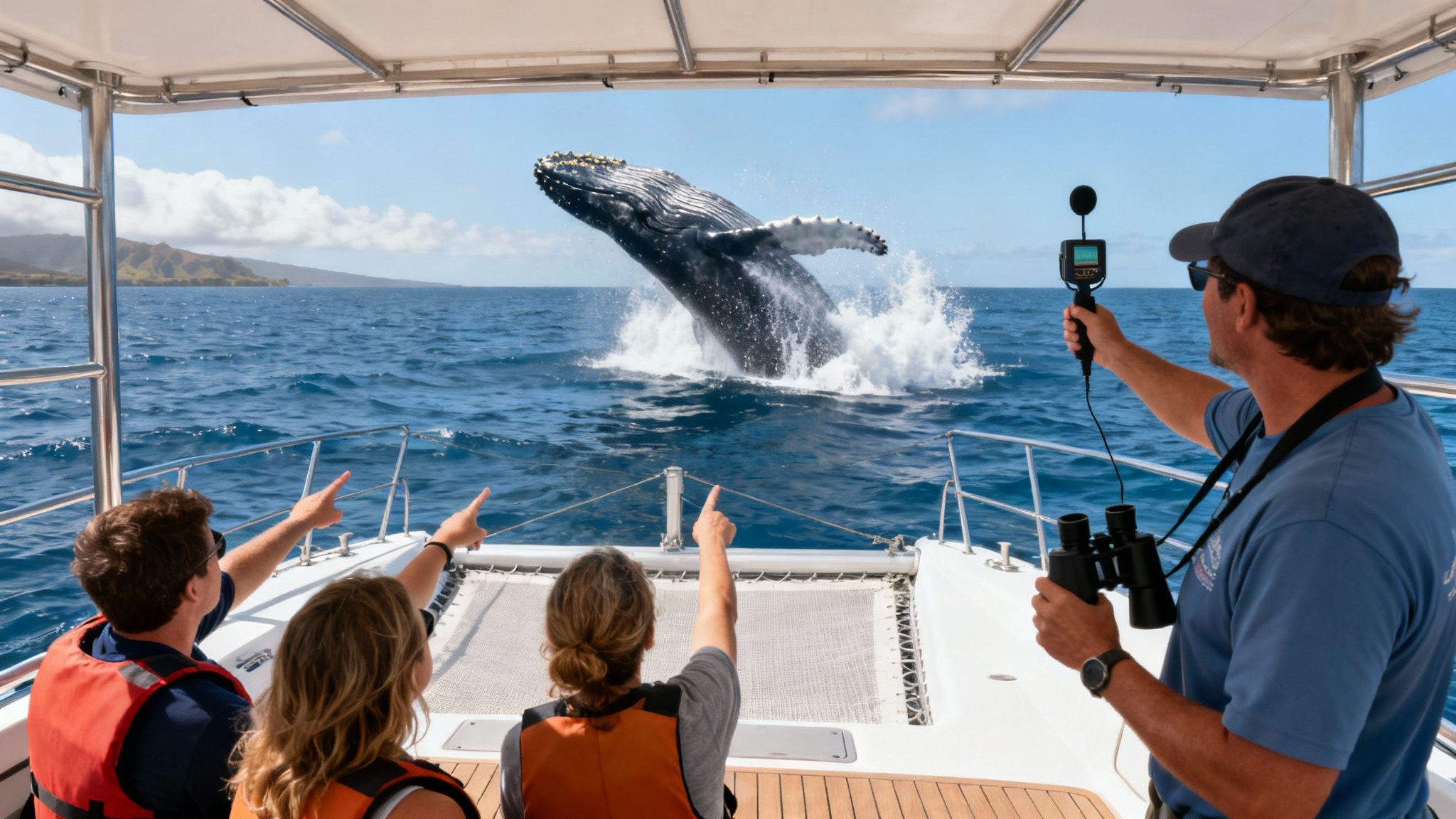 Tourists on a boat pointing at a majestic humpback whale jumping out of the clear blue ocean.