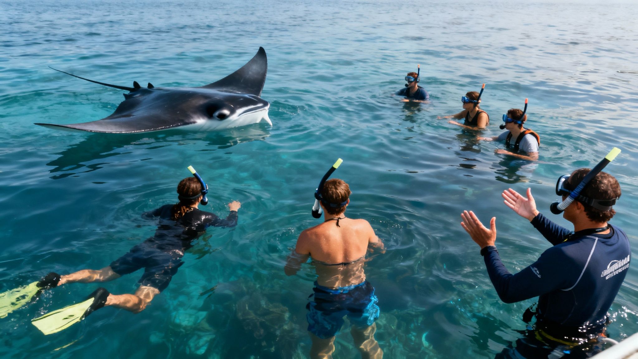 A manta ray swims gracefully in the dark ocean, its white underbelly glowing in the light from above, with snorkelers visible on the surface.