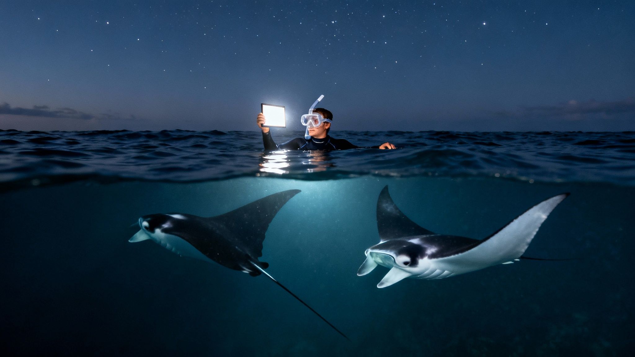 A snorkeler holds a glowing tablet above water at night, attracting two manta rays below.