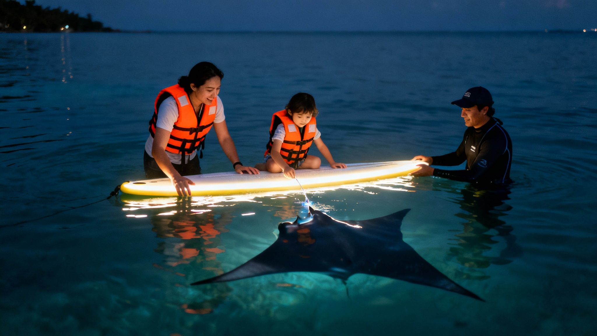 A family with a guide on a glowing surfboard observes a manta ray at night.