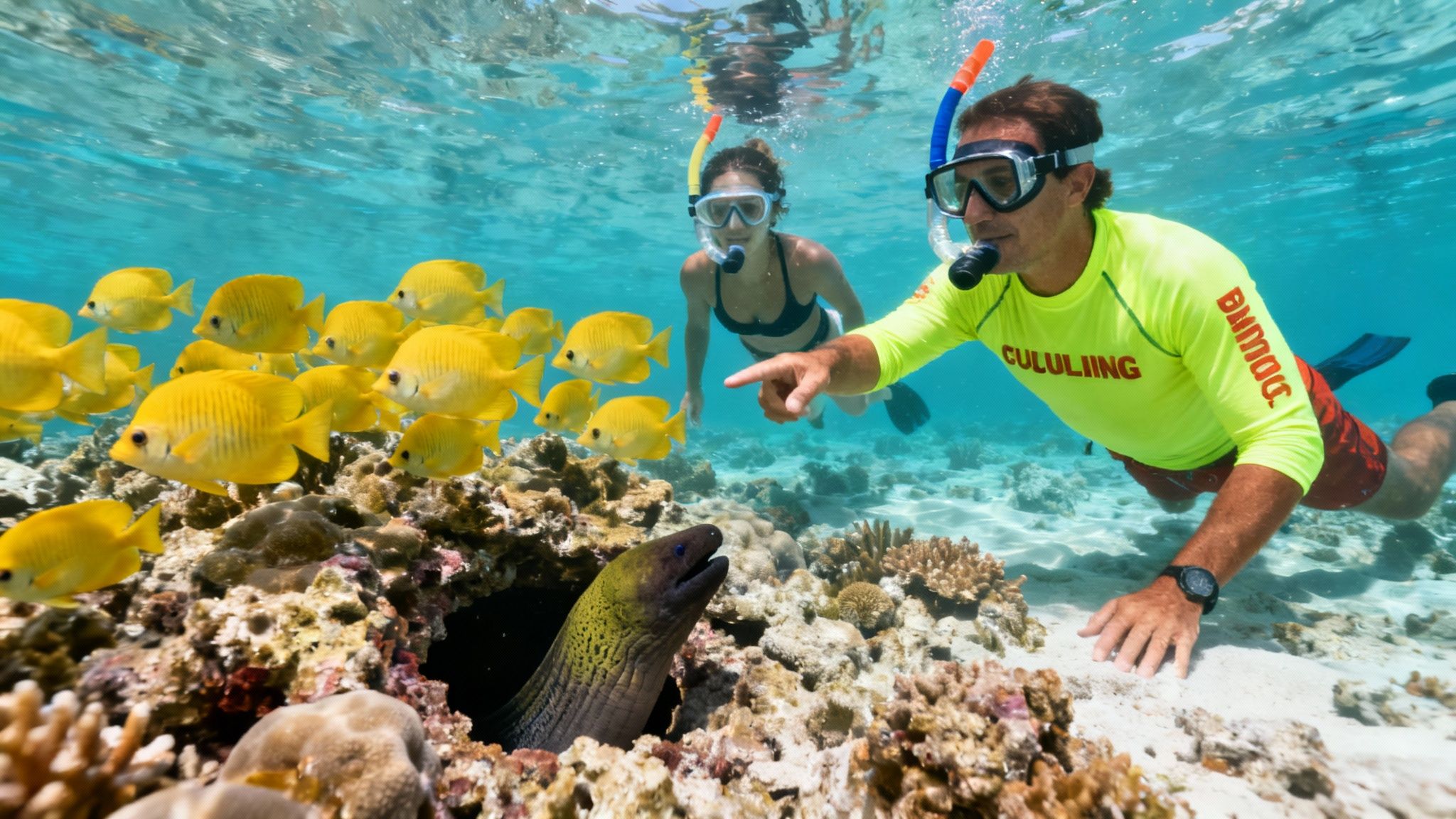 Two snorkelers observe a moray eel and a school of yellow fish in a vibrant coral reef.