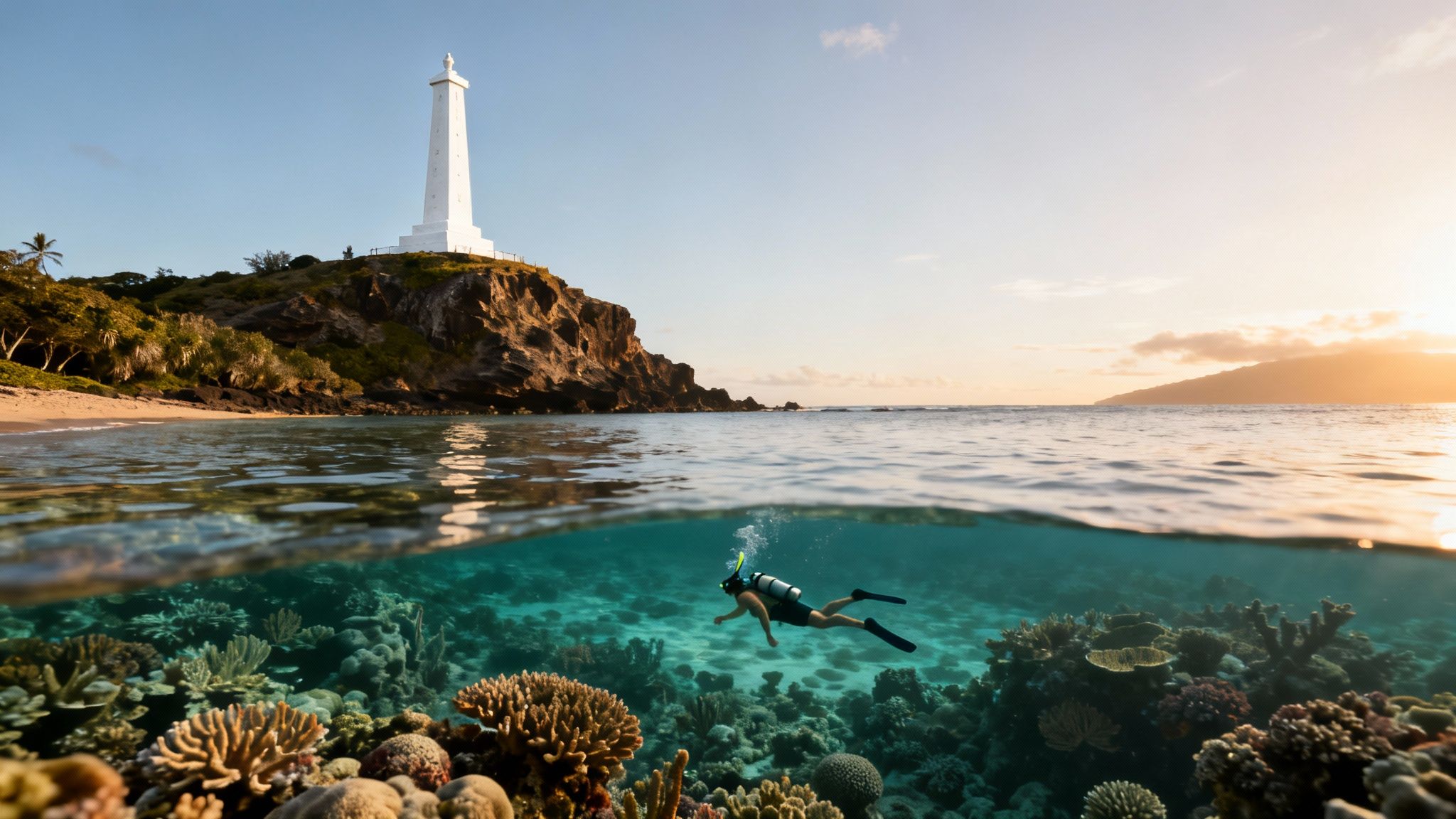 A split image of a scuba diver exploring a vibrant coral reef, with a lighthouse and beach above the water.