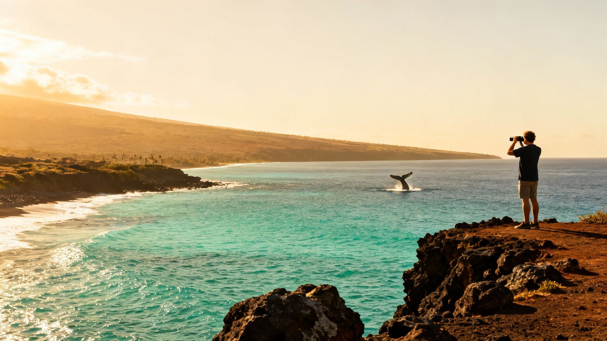 A person watches a whale breach the turquoise ocean from a scenic cliff at sunset.
