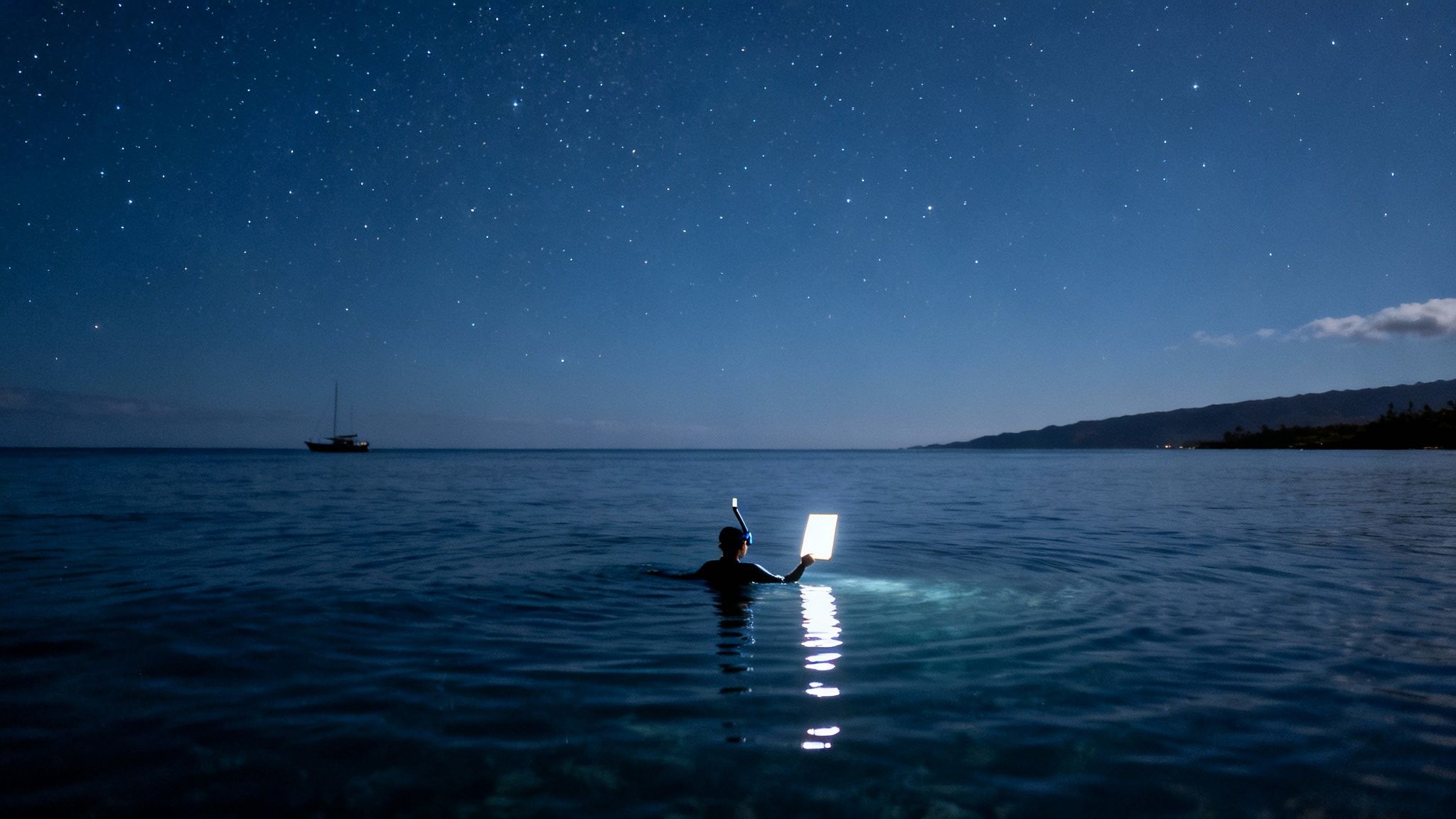 A person snorkeling at night under a starry sky, holding a bright underwater light.