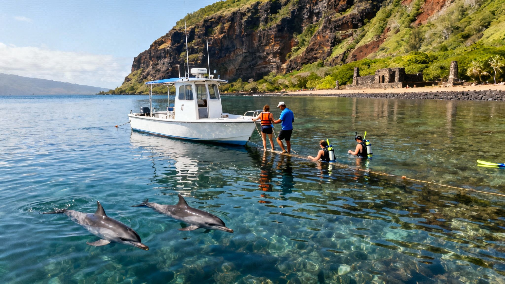 Dolphins swim near a boat with snorkelers in clear Hawaiian waters with ancient ruins.