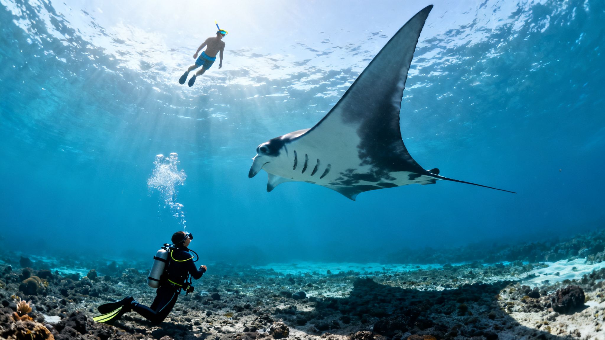 A majestic manta ray glides over a scuba diver, with a snorkeler swimming overhead in blue water.