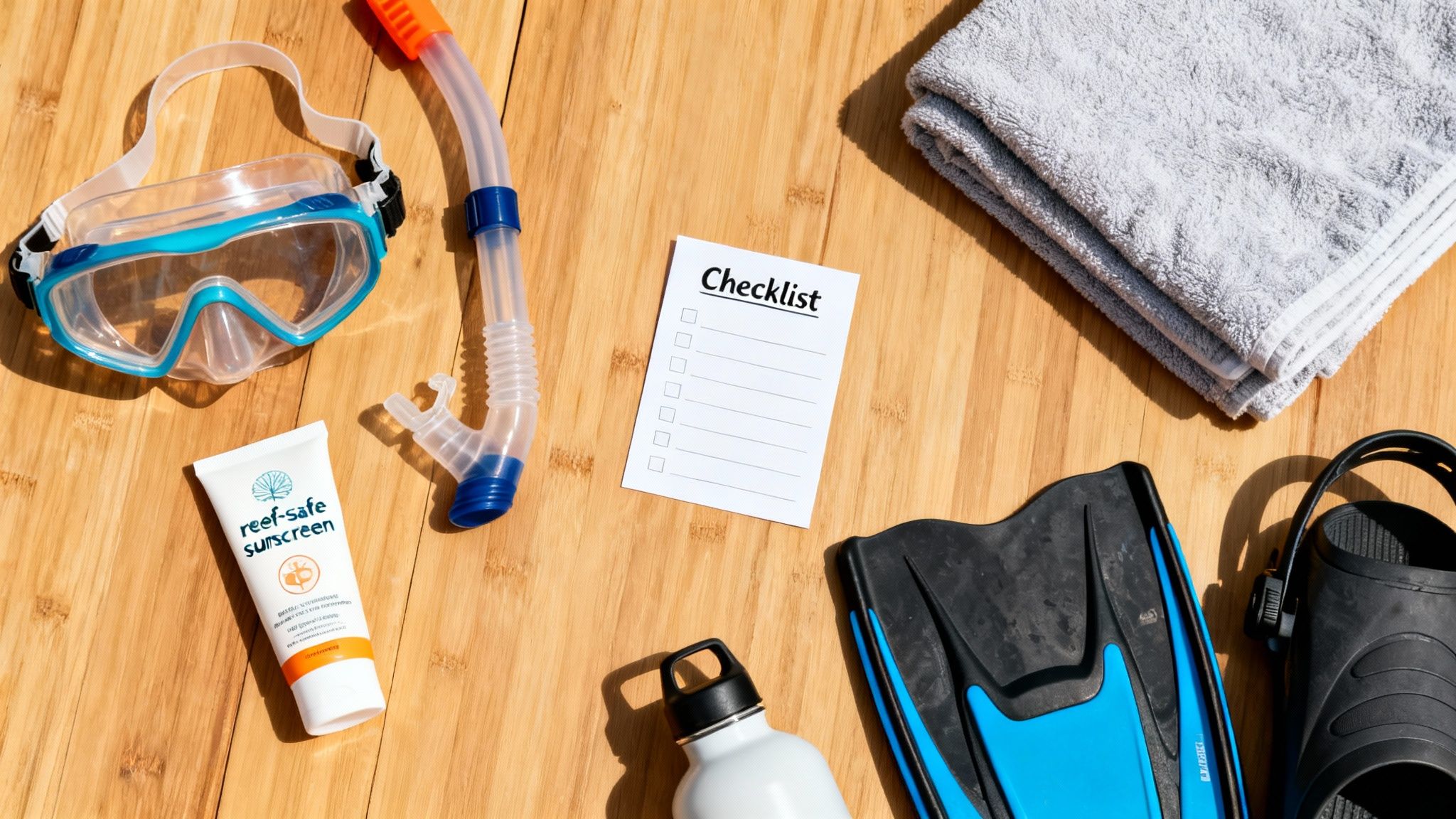 Snorkeling gear, reef-safe sunscreen, and a checklist laid out on a wooden surface.