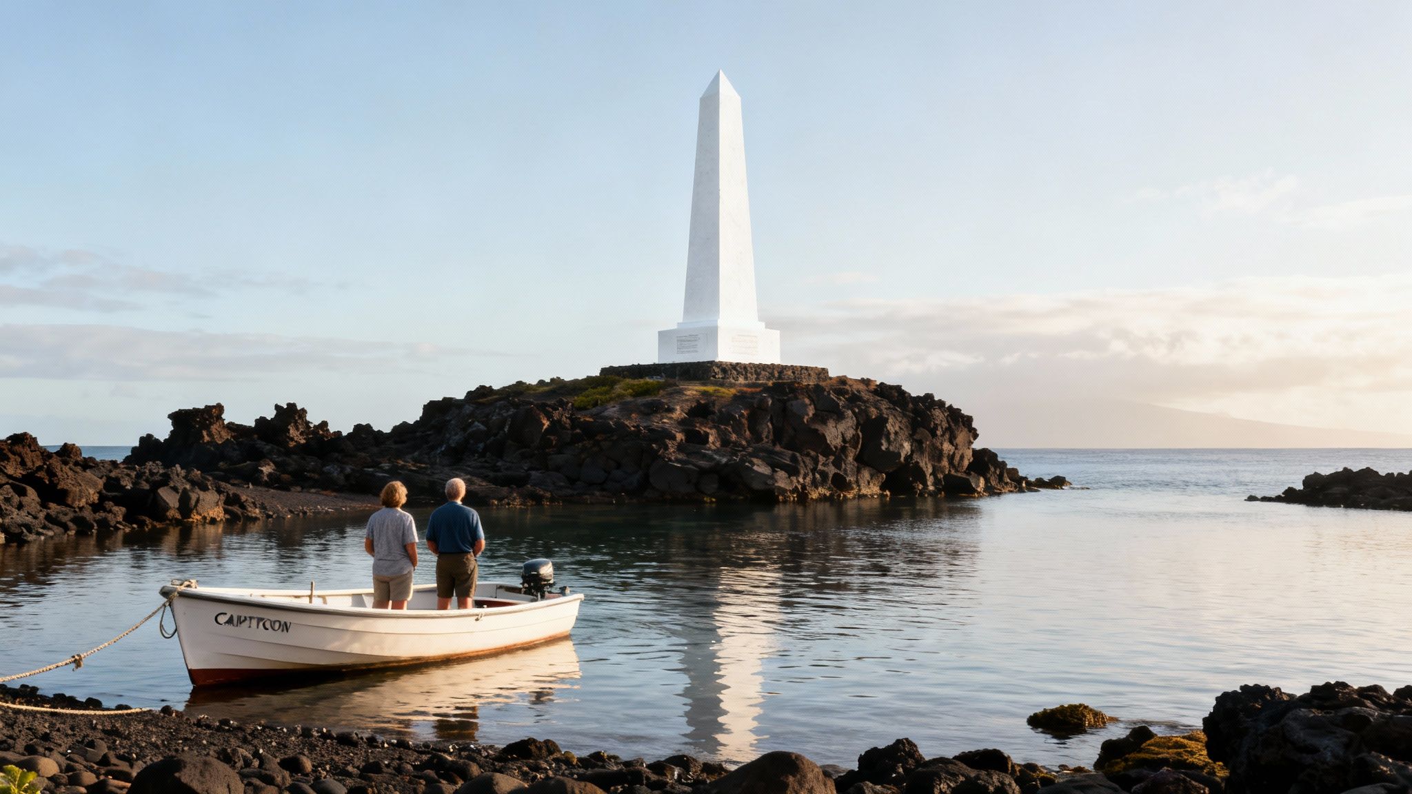 Two people in a boat looking at a white obelisk monument on a rocky island at sunset.