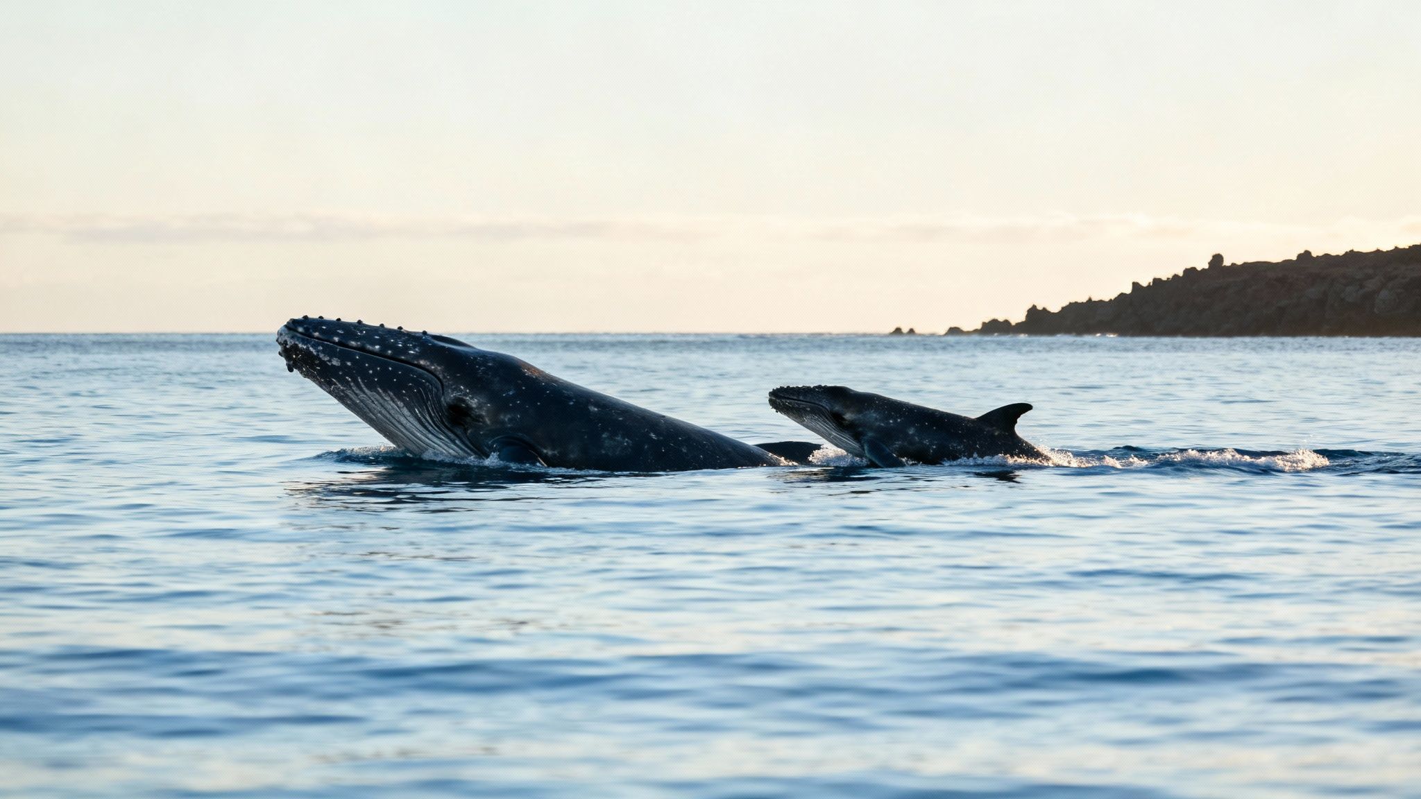 Humpback whale mother and calf swimming together in calm blue ocean waters near Kona Hawaii