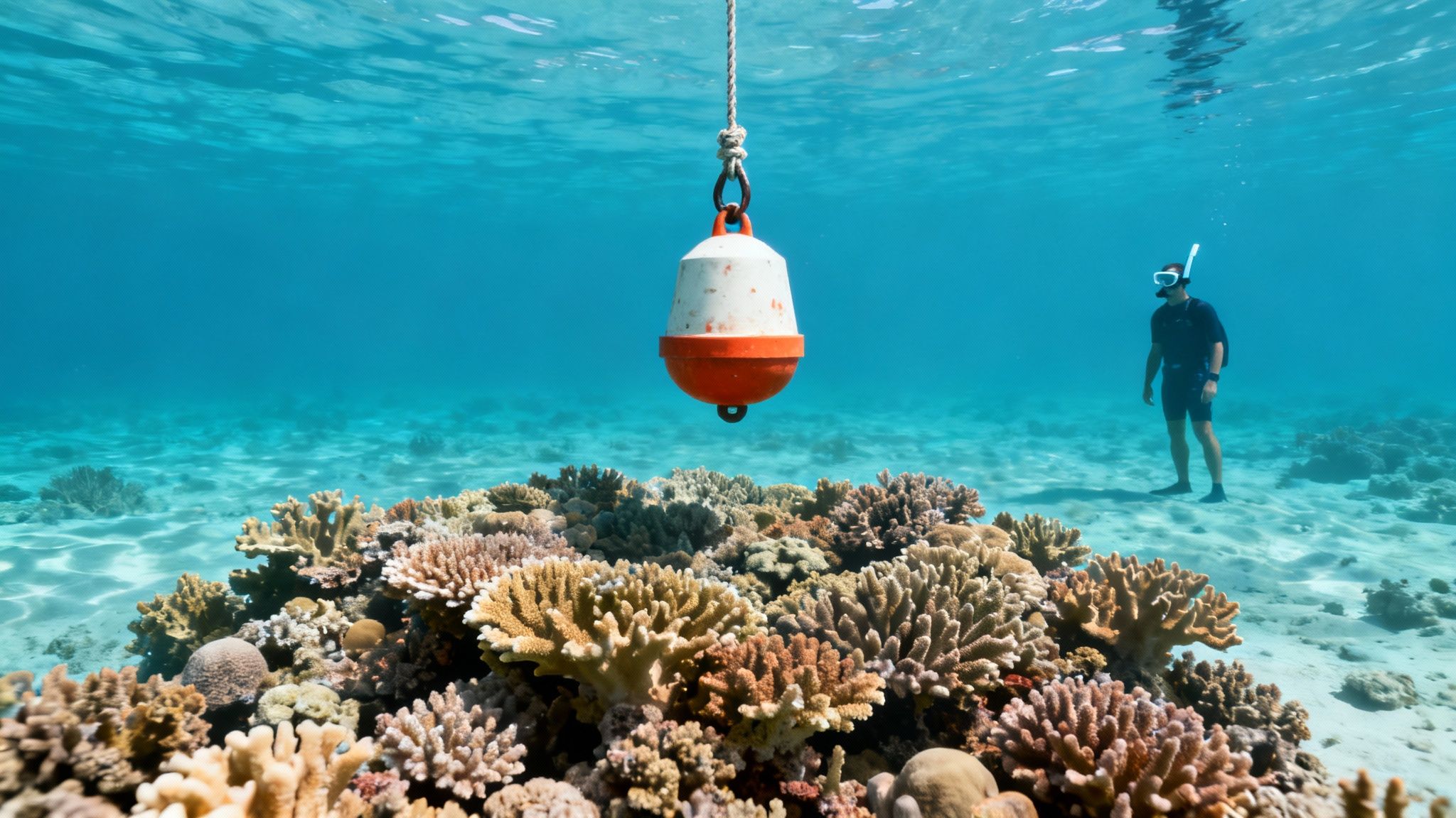 A snorkeler observes a vibrant coral reef near a white and orange buoy underwater.
