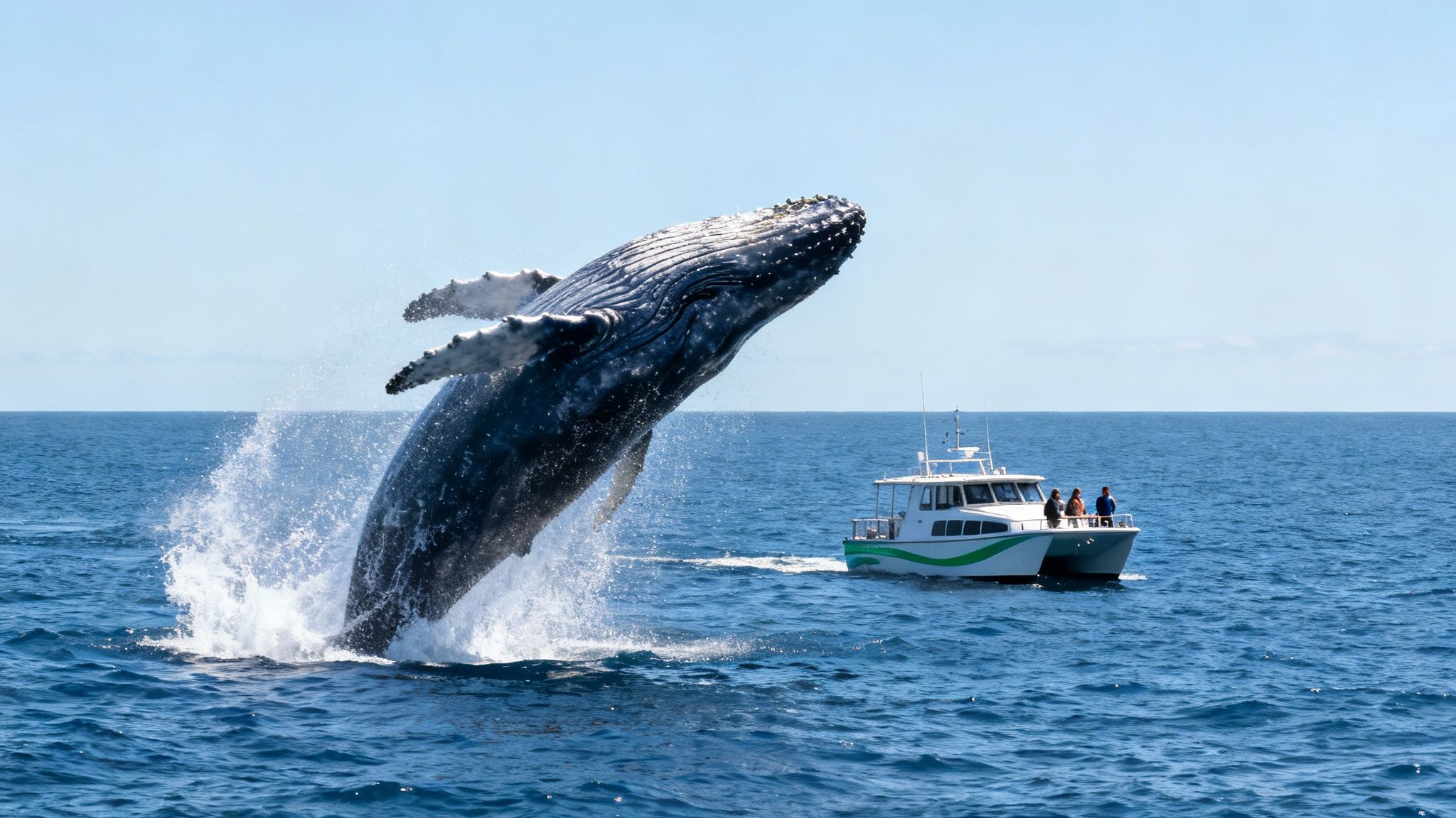 A majestic humpback whale breaches high out of the clear blue ocean beside a whale watching boat.