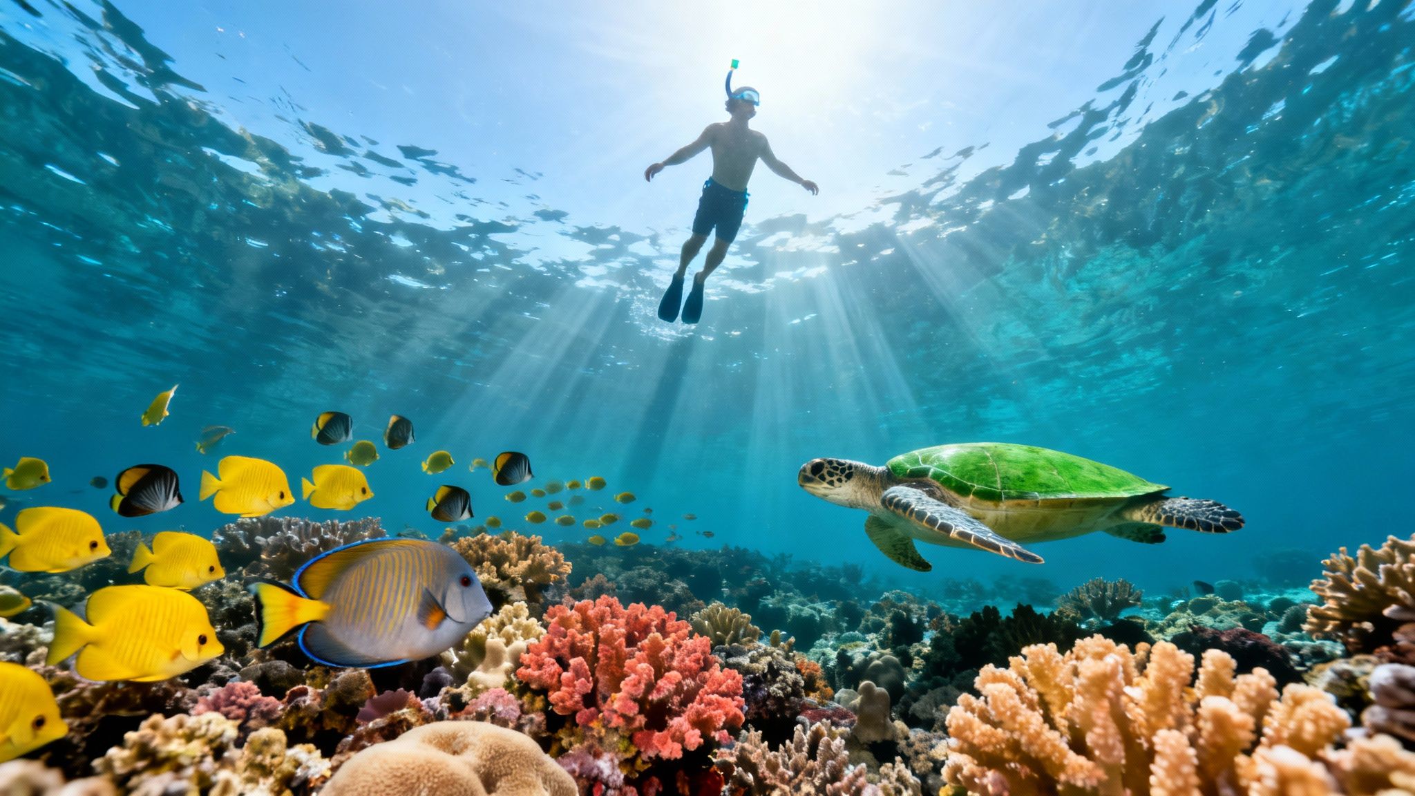 A vibrant underwater scene with a snorkeler, a sea turtle, and schools of fish over a coral reef.