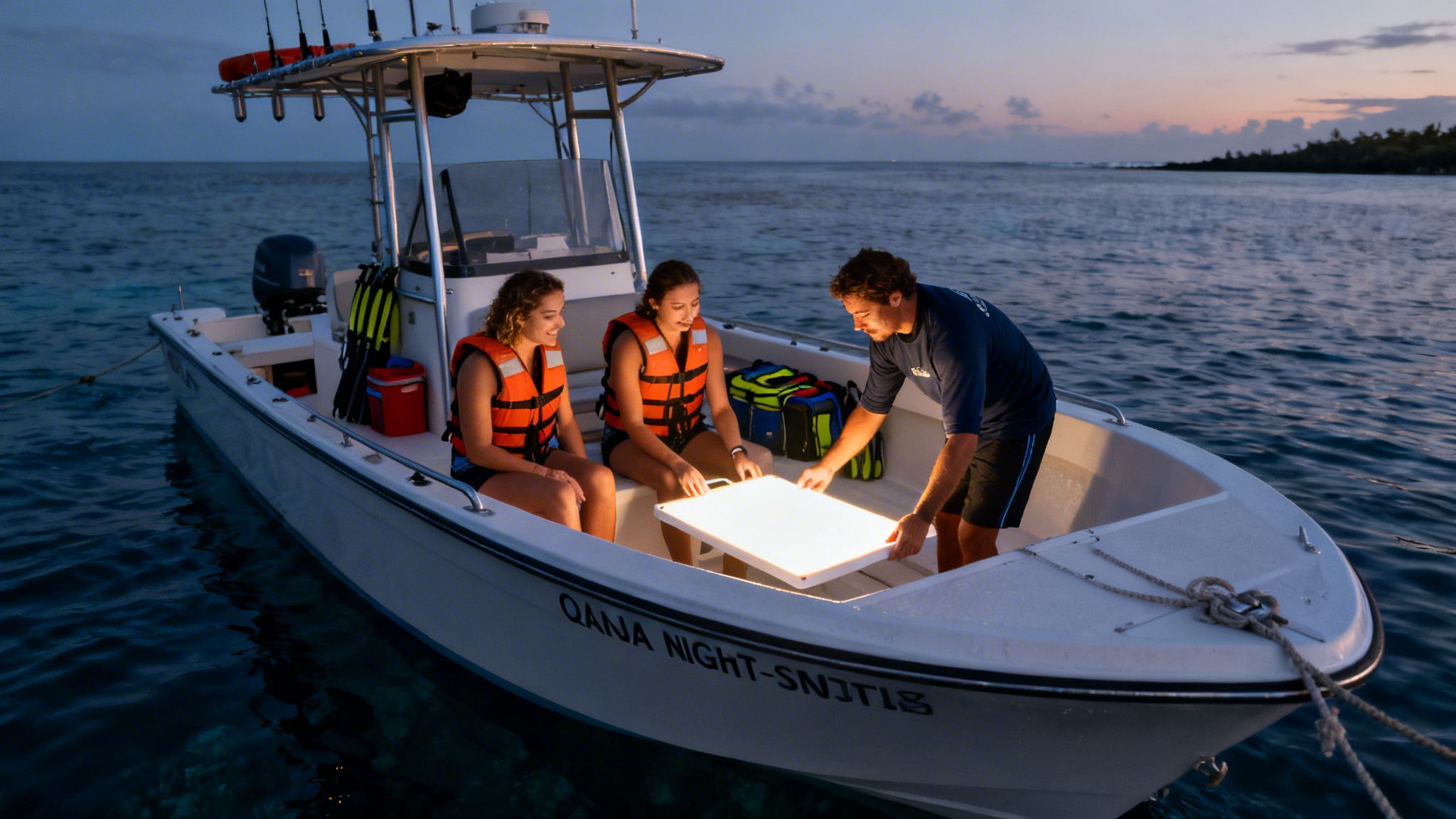 Three people on a boat at night, two women in life vests watching a man place a light board.