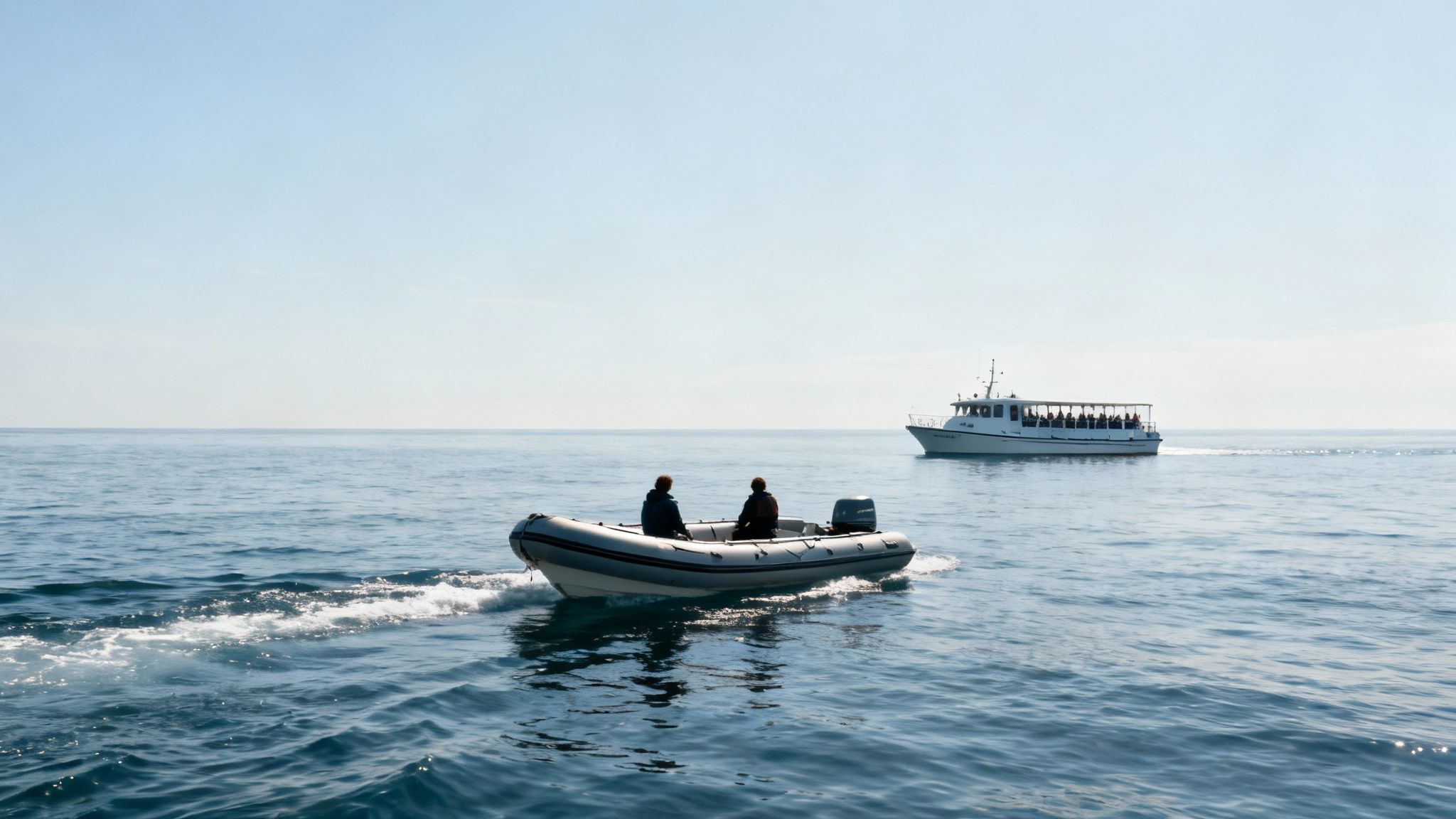 Two boats on the calm blue ocean under a clear sky. A small inflatable boat with two people cruises near a larger whale watching tour boat.