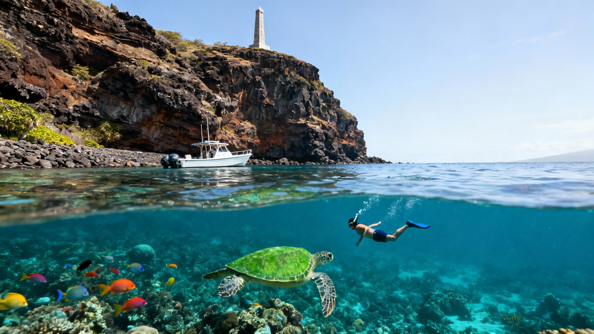 Snorkeler swims with a green sea turtle and colorful fish underwater, boat by a rocky island with a lighthouse.