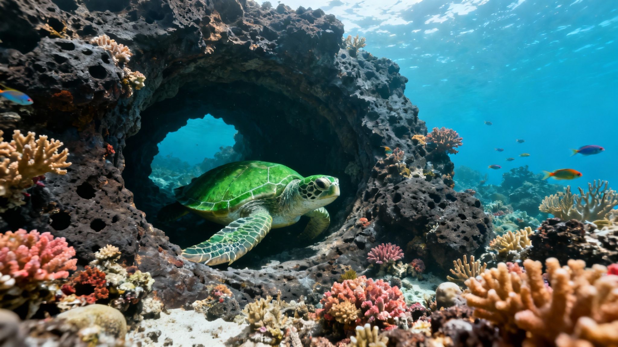 A majestic green sea turtle emerges from a dark coral cave, surrounded by vibrant corals and small fish in clear blue ocean water.