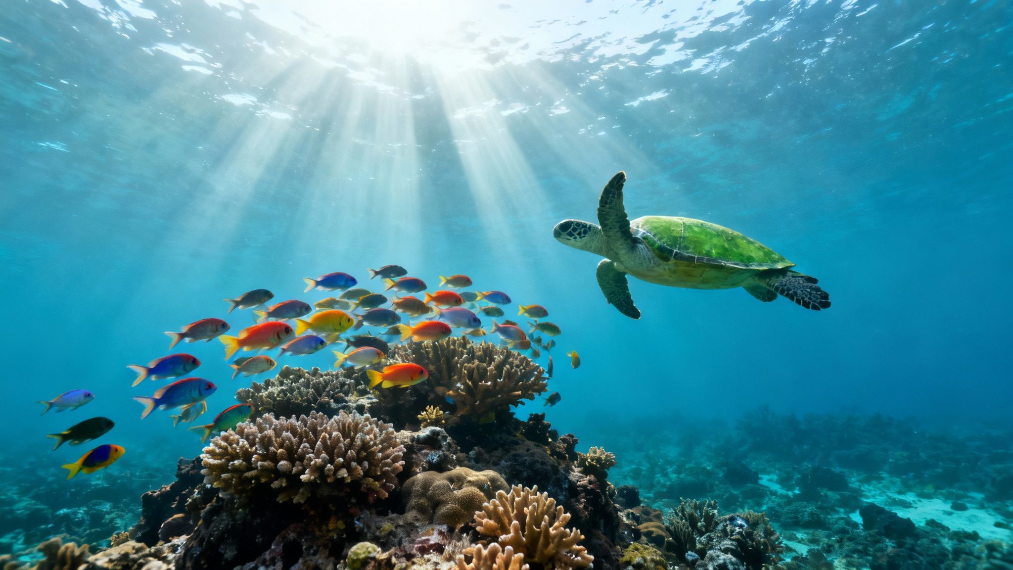 A school of yellow tang fish swims over a vibrant coral reef in Kealakekua Bay, Hawaii