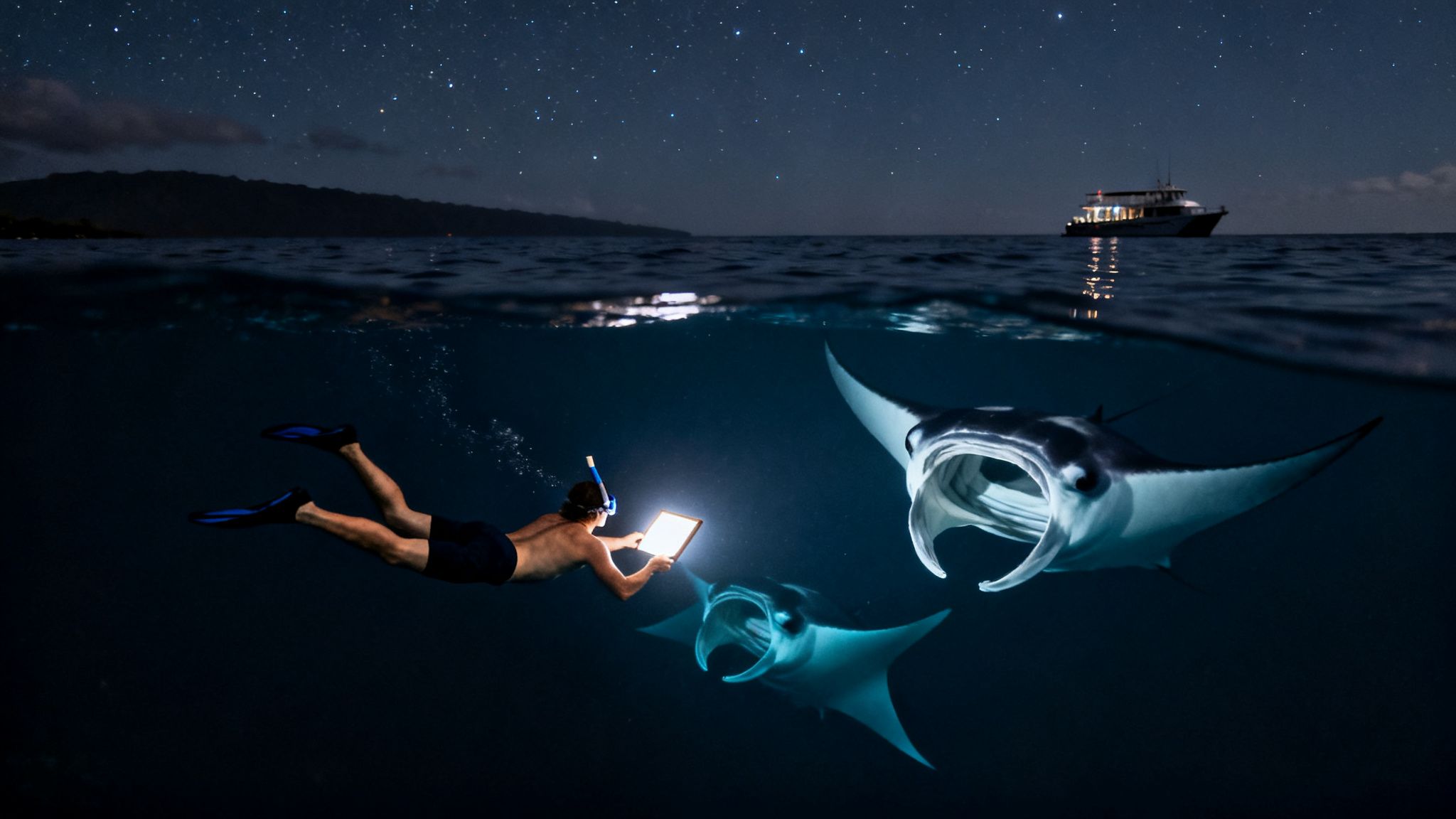 A diver with a light illuminates manta rays during a night snorkel under a starry sky.