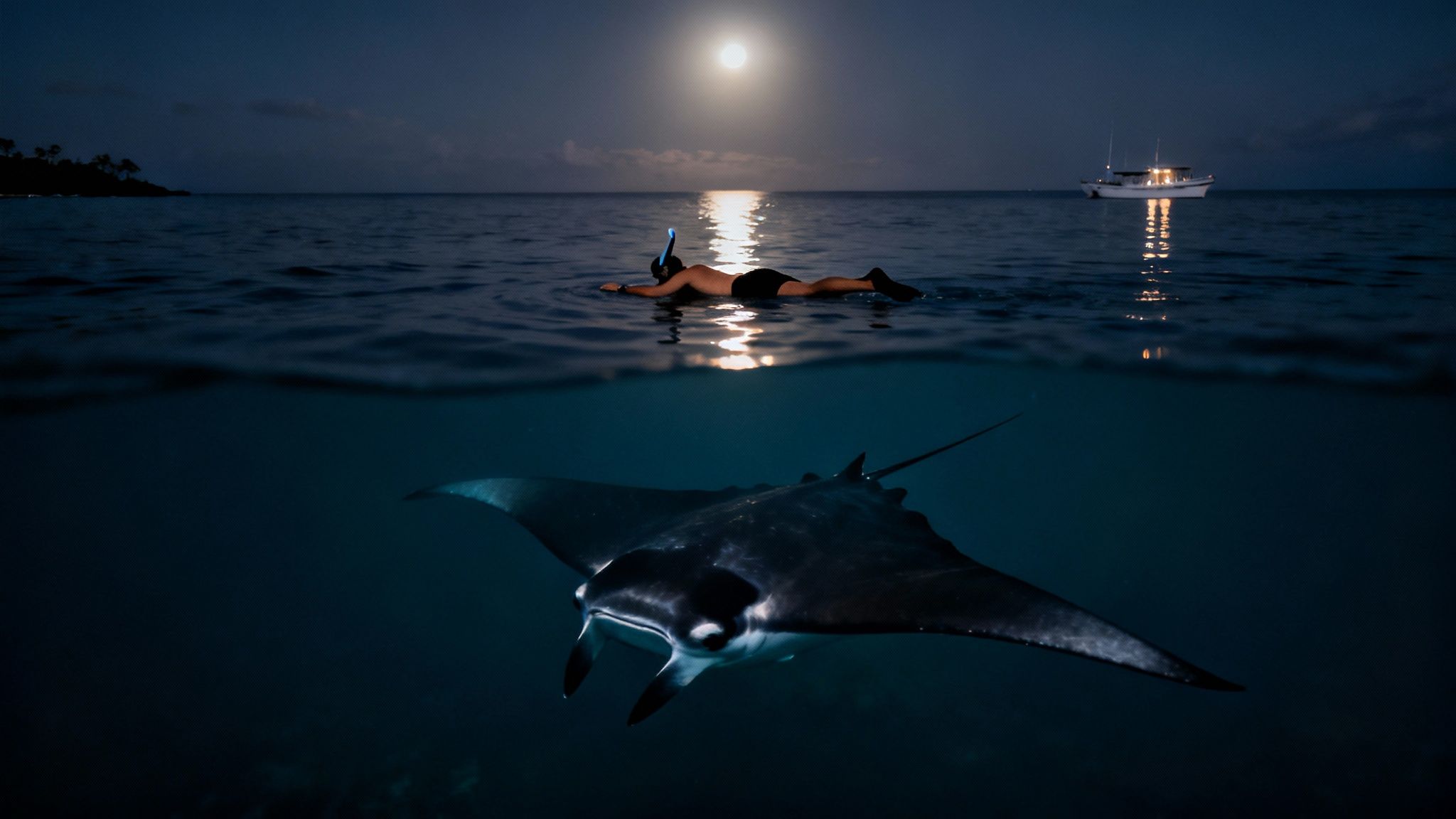 Moonlit split-level shot of a person snorkeling above a majestic manta ray at night.
