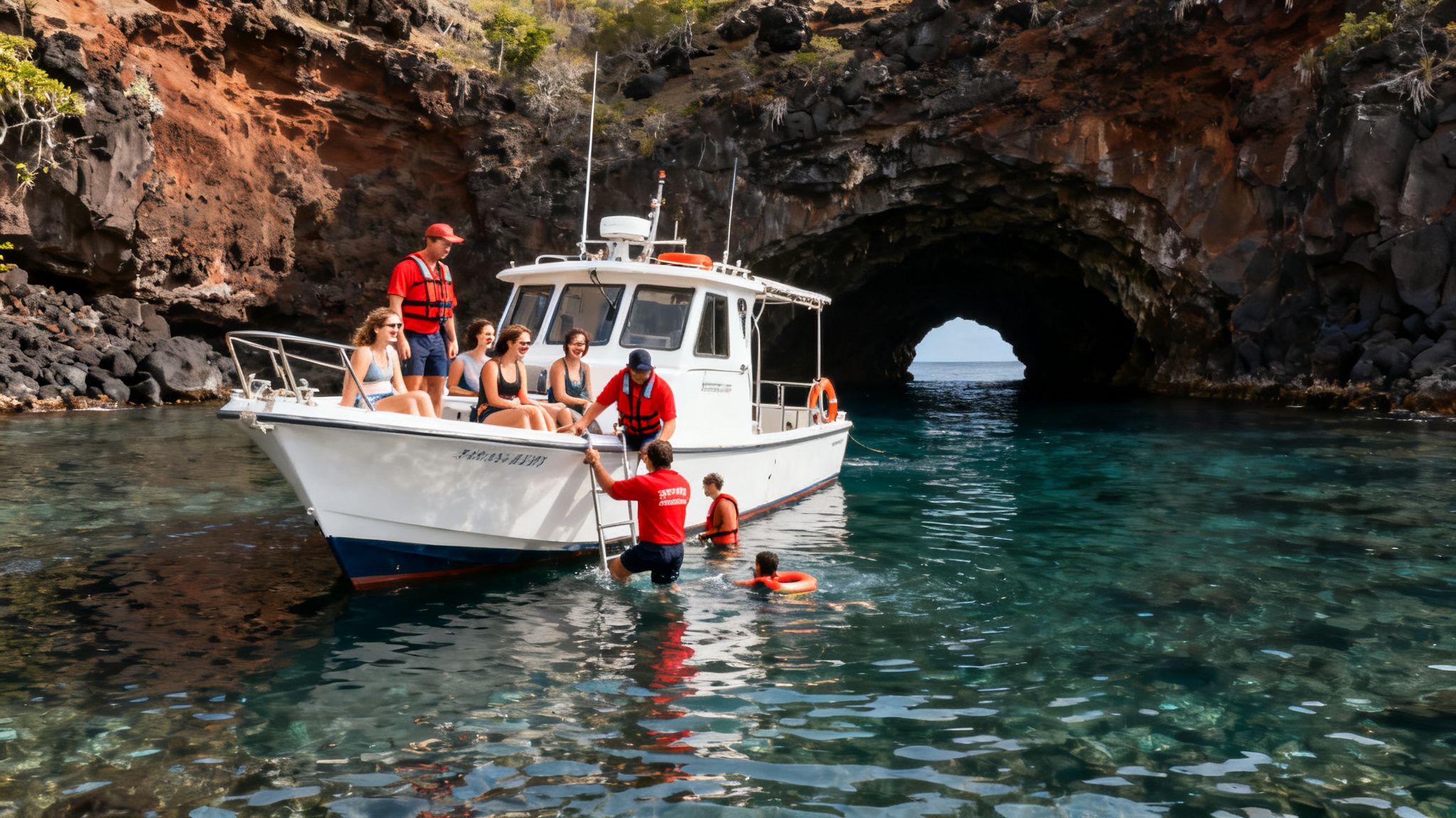 Tourists and guides by a boat in clear water near a natural rock arch.
