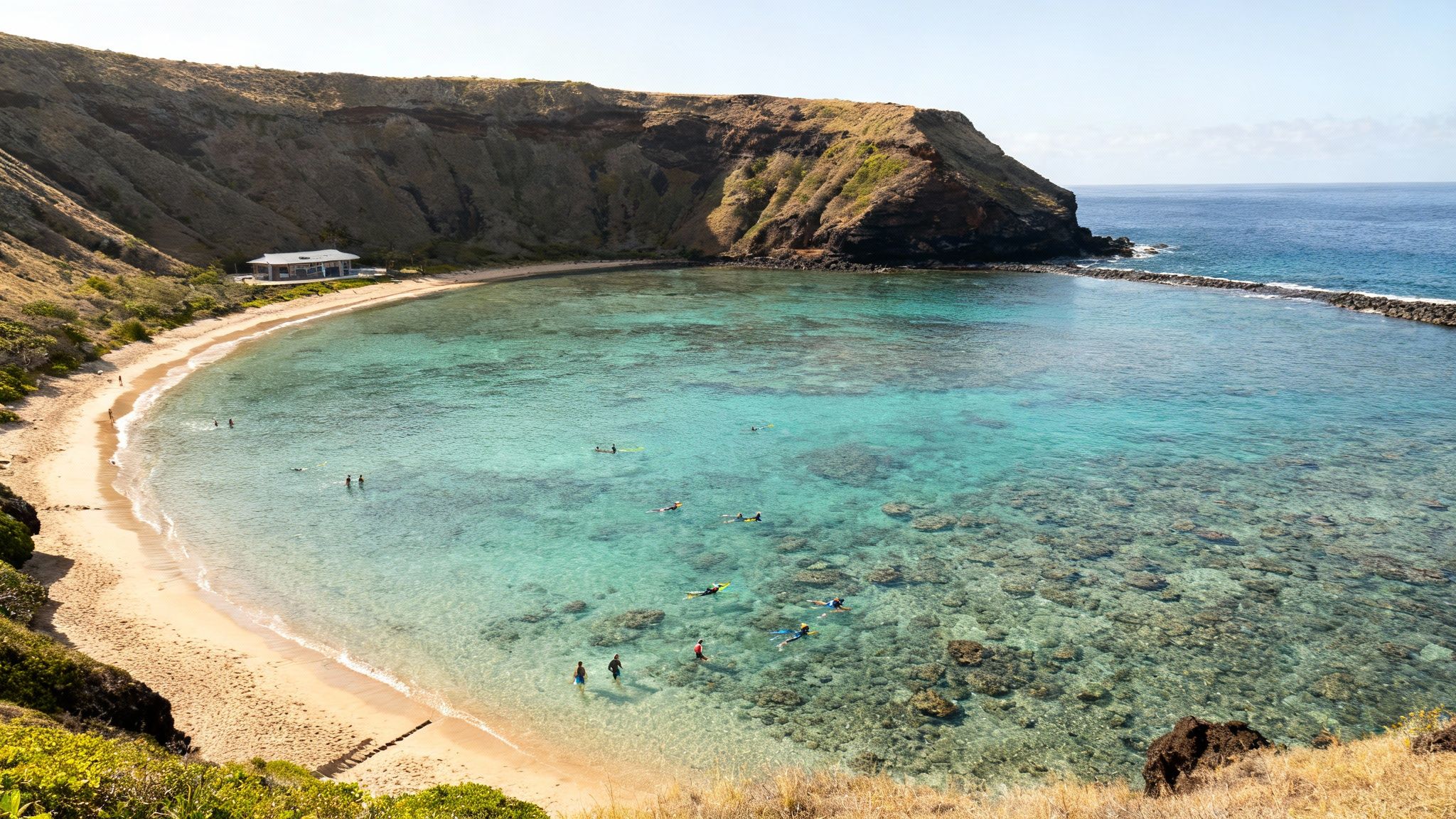 Aerial view of Hanauma Bay, a beautiful beach with clear turquoise water, snorkelers, and a building on the shore.