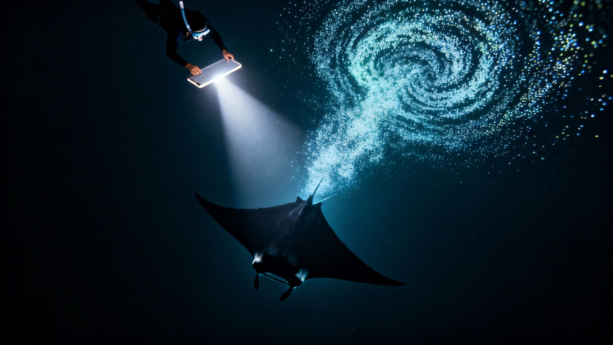 A snorkeler shines an underwater light, illuminating a manta ray and a spiral of bioluminescent plankton.