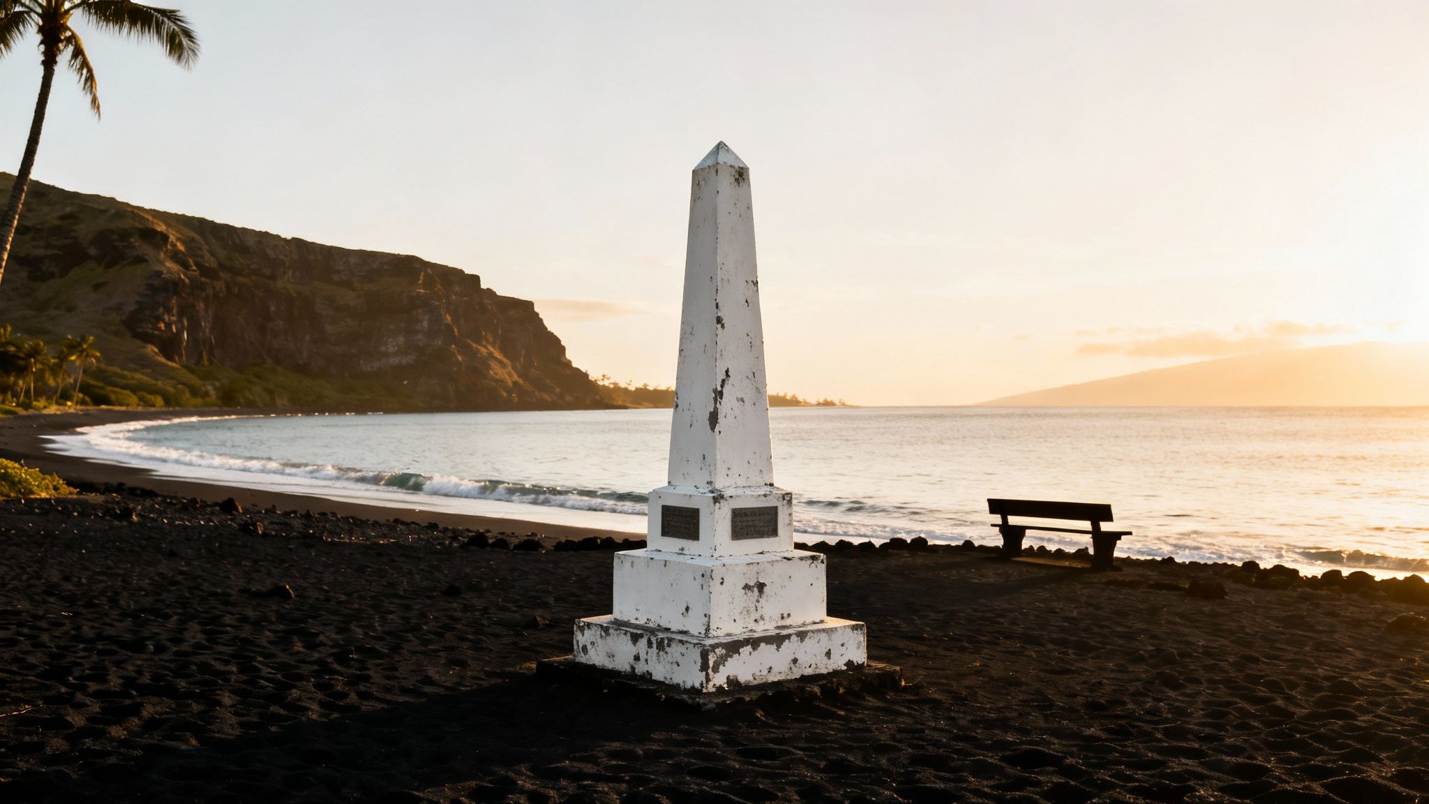 A weathered white monument stands on a black sand beach at sunset, with ocean waves.