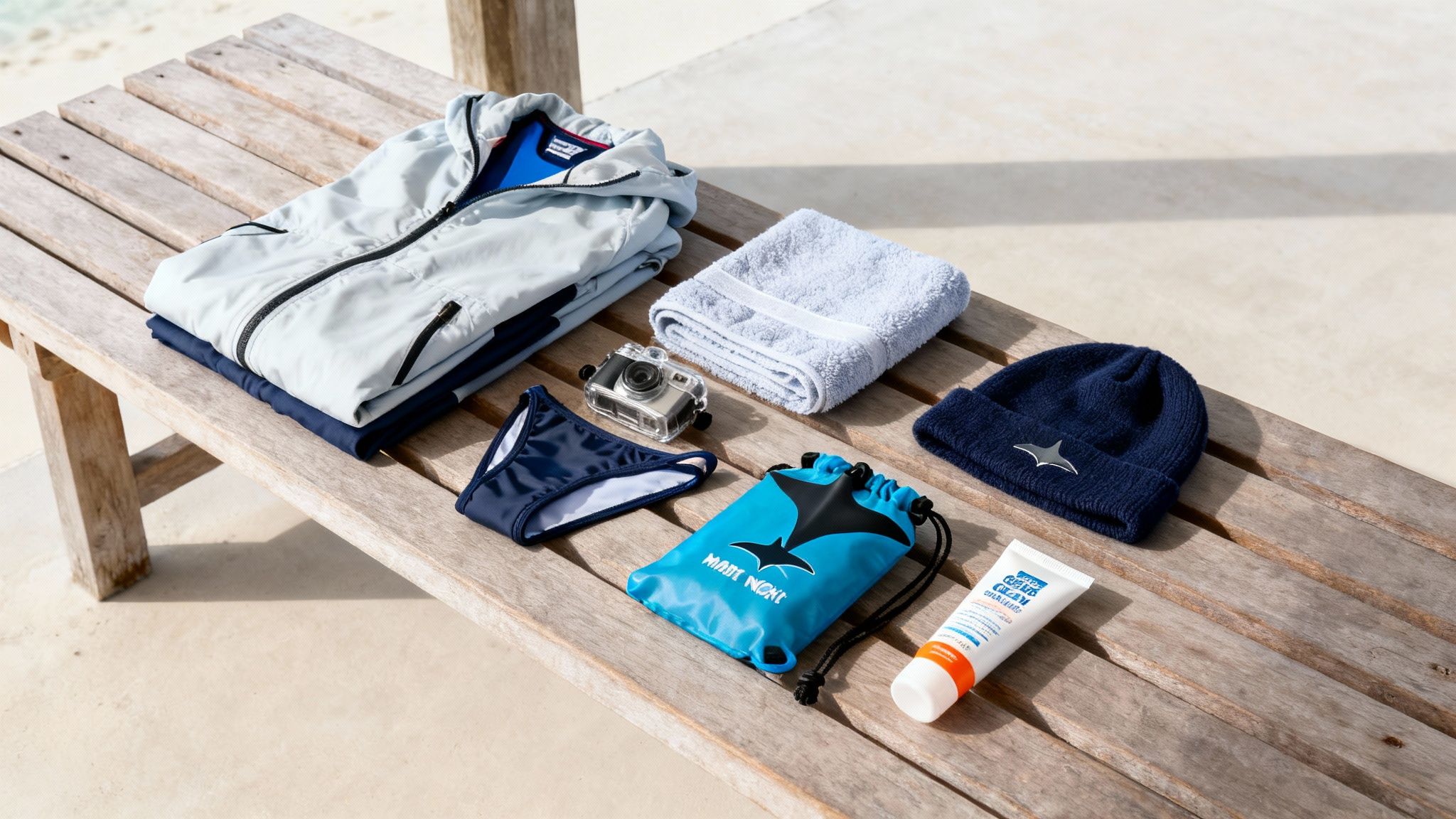 Manta ray themed beach essentials including a jacket, swimsuit, camera, and beanie on a wooden bench.