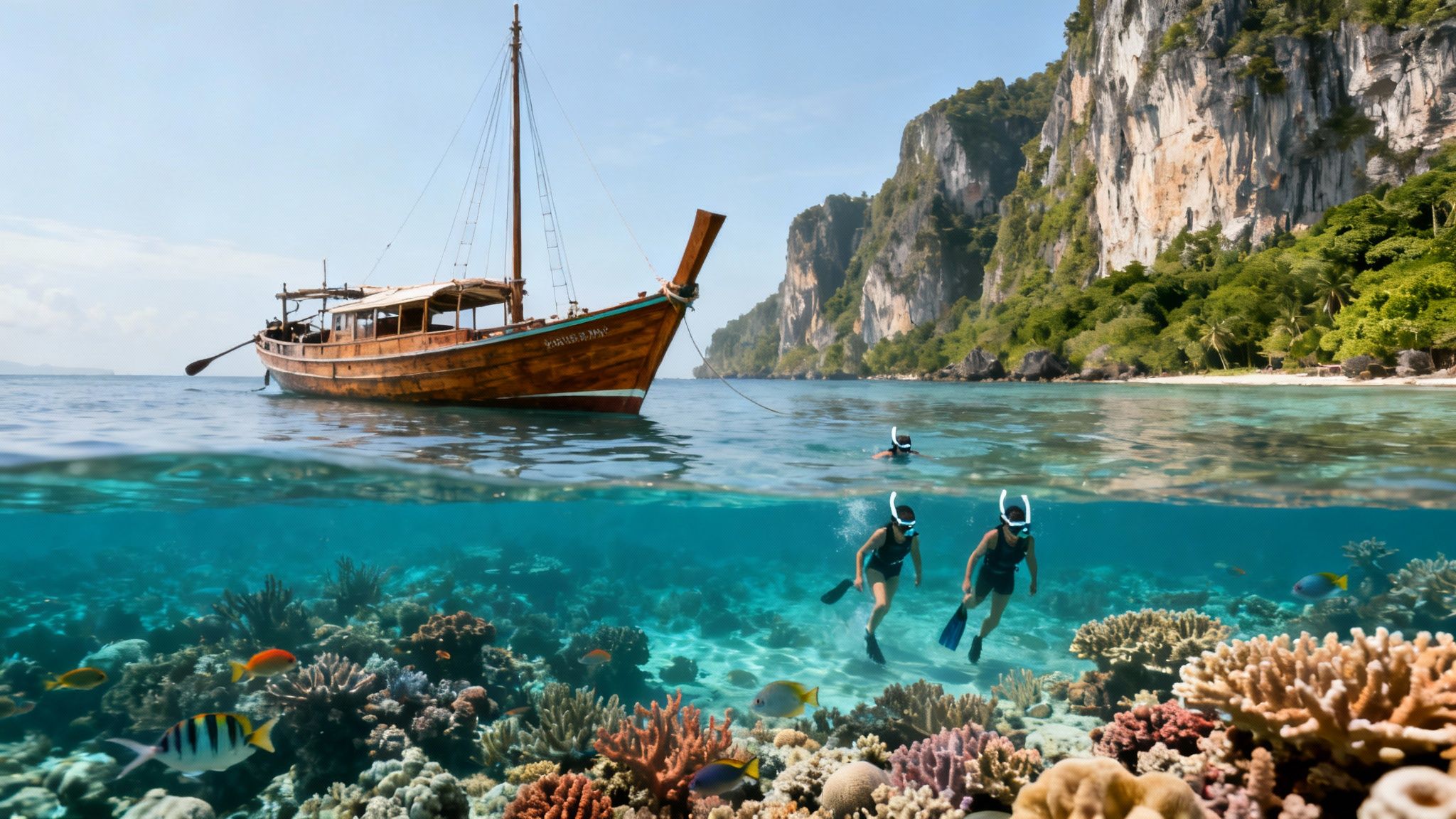 Above and below water view of snorkelers exploring a coral reef near a traditional boat and lush cliffs.