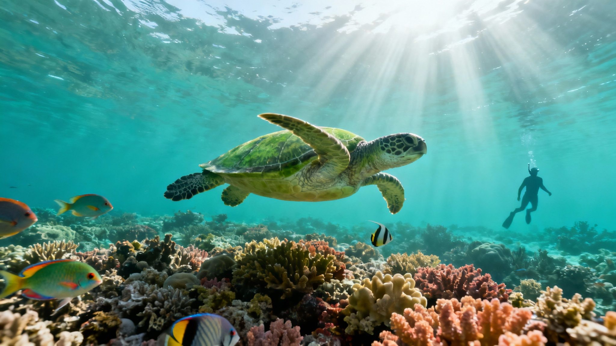 A green sea turtle swims above a vibrant coral reef with colorful fish and a snorkeler.