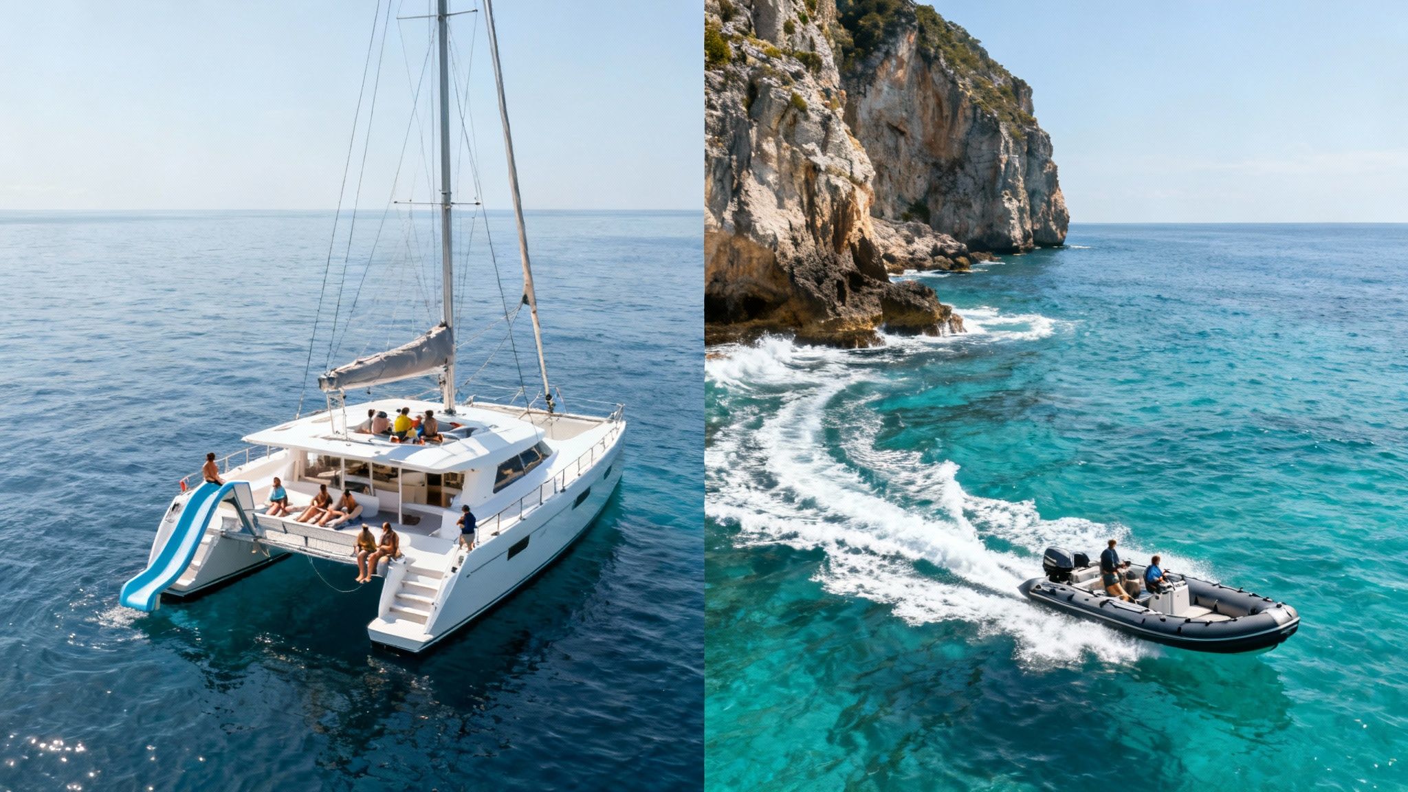 Aerial view of a catamaran with a water slide and a speed boat cruising near rocky cliffs.